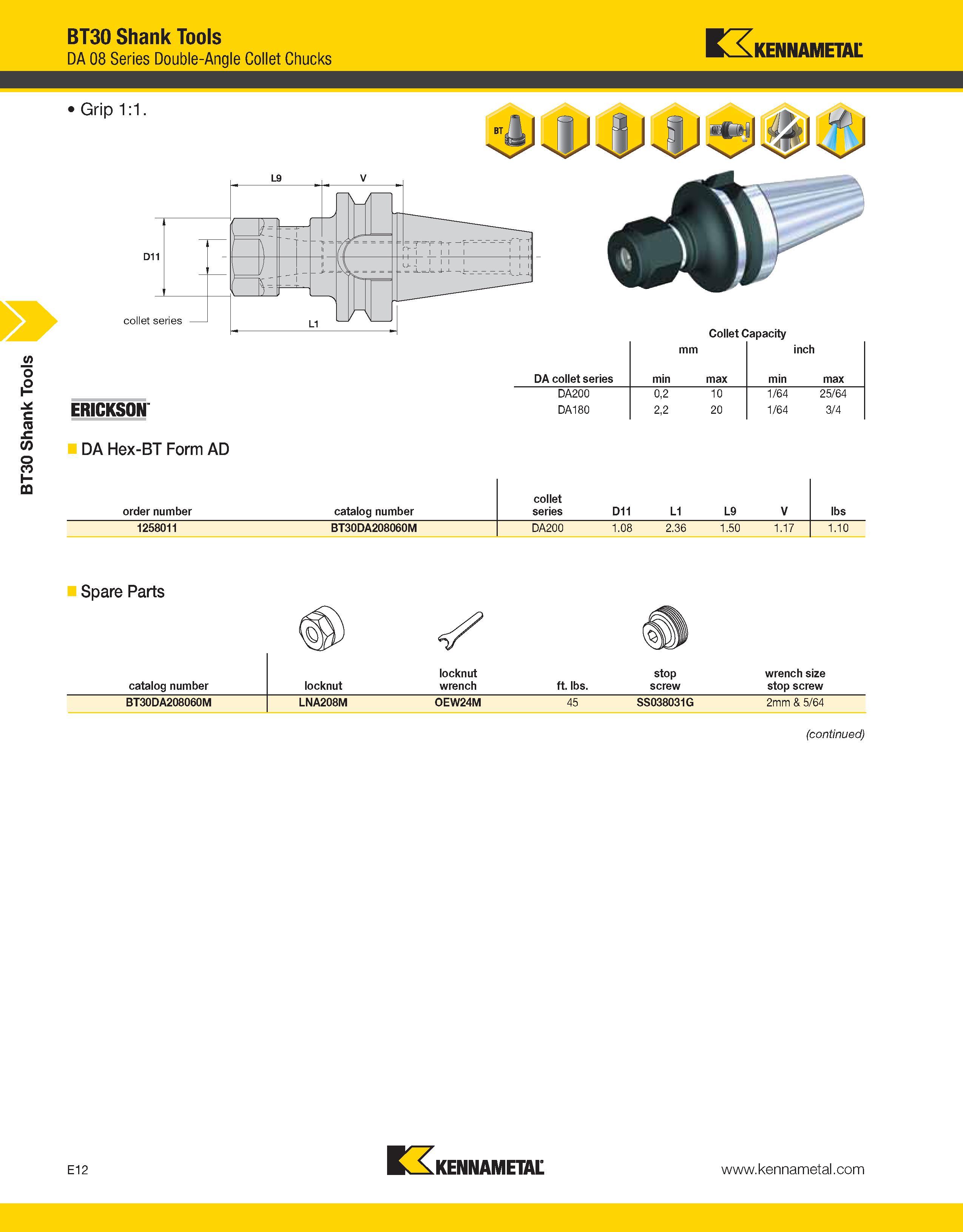 942 BT30 Shank Tools BT30 Shank Tools DA 08 Series Double-Angle Collet Chucks Kennametal Grip 1:1 ERICKSON DA Hex-BT Form AD Collet Capacity mm inch Каталог KENNAMETAL 2013 Инструментальная оснастка и вспомогательный инструмент для универсальных металлорежущих станков и обрабатывающих центров с ЧПУ Стр. E12