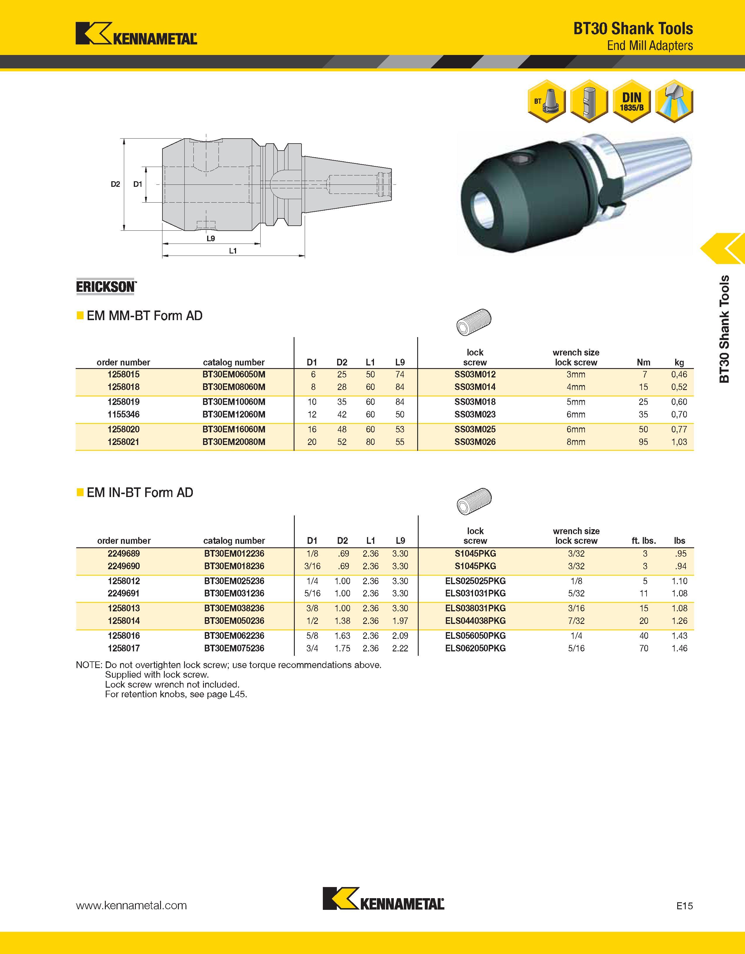 945 Kennametal BT30 Shank Tools End Mill Adapters ERICKSON EM MM-BT Form AD order number catalog number D1 D2 L1 L9 lock screw wrench size lock screw Каталог KENNAMETAL 2013 Инструментальная оснастка и вспомогательный инструмент для универсальных металлорежущих станков и обрабатывающих центров с ЧПУ Стр. E15
