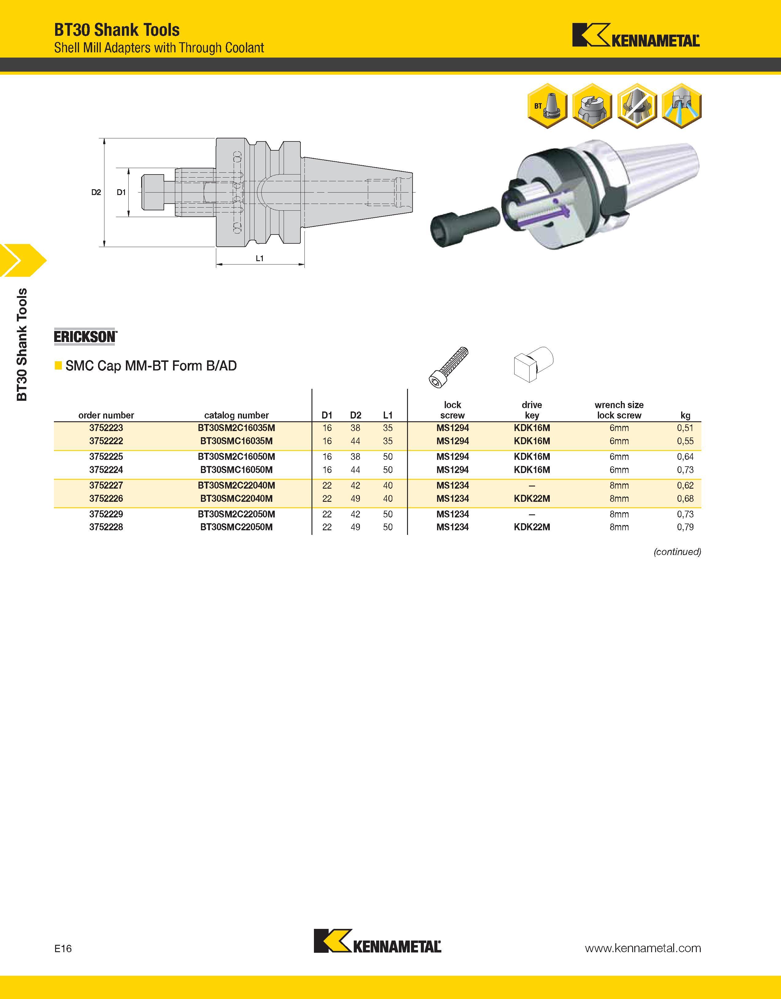 946 BT30 Shank Tools BT30 Shank Tools Shell Mill Adapters with Through Coolant Kennametal ERICKSON SMC Cap MM-BT Form B/AD order number catalog numbe Каталог KENNAMETAL 2013 Инструментальная оснастка и вспомогательный инструмент для универсальных металлорежущих станков и обрабатывающих центров с ЧПУ Стр. E16