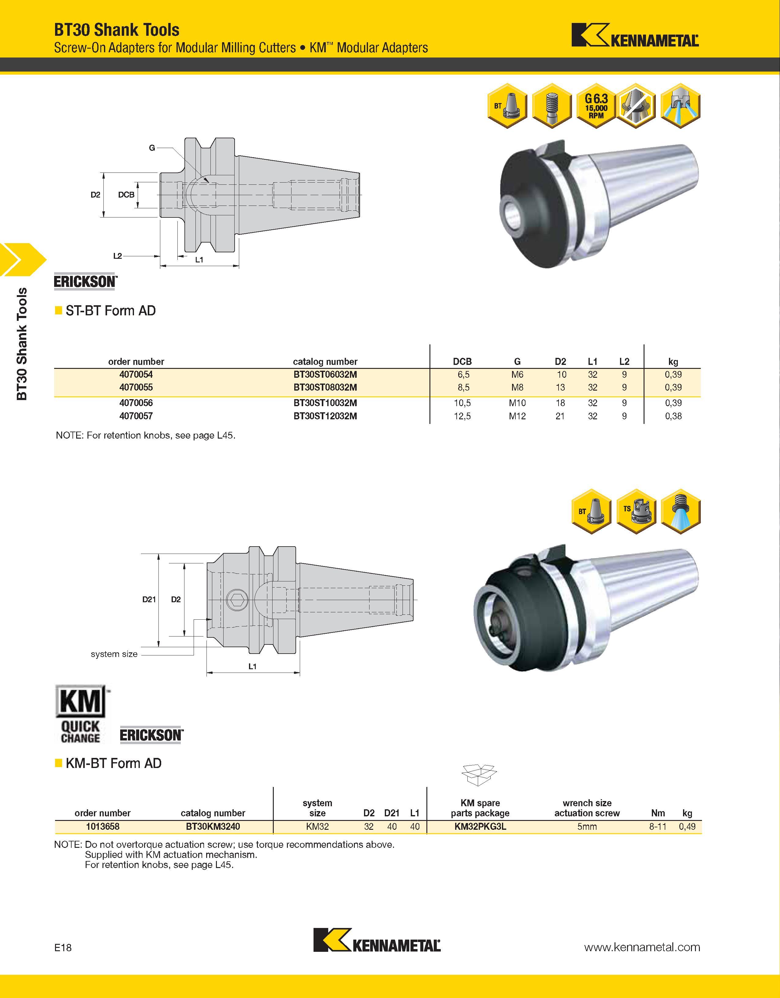 948 BT30 Shank Tools BT30 Shank Tools Screw-On Adapters for Modular Milling Cutters KM Modular Adapters Kennametal ERICKSON ST-BT Form AD order numbe Каталог KENNAMETAL 2013 Инструментальная оснастка и вспомогательный инструмент для универсальных металлорежущих станков и обрабатывающих центров с ЧПУ Стр. E18