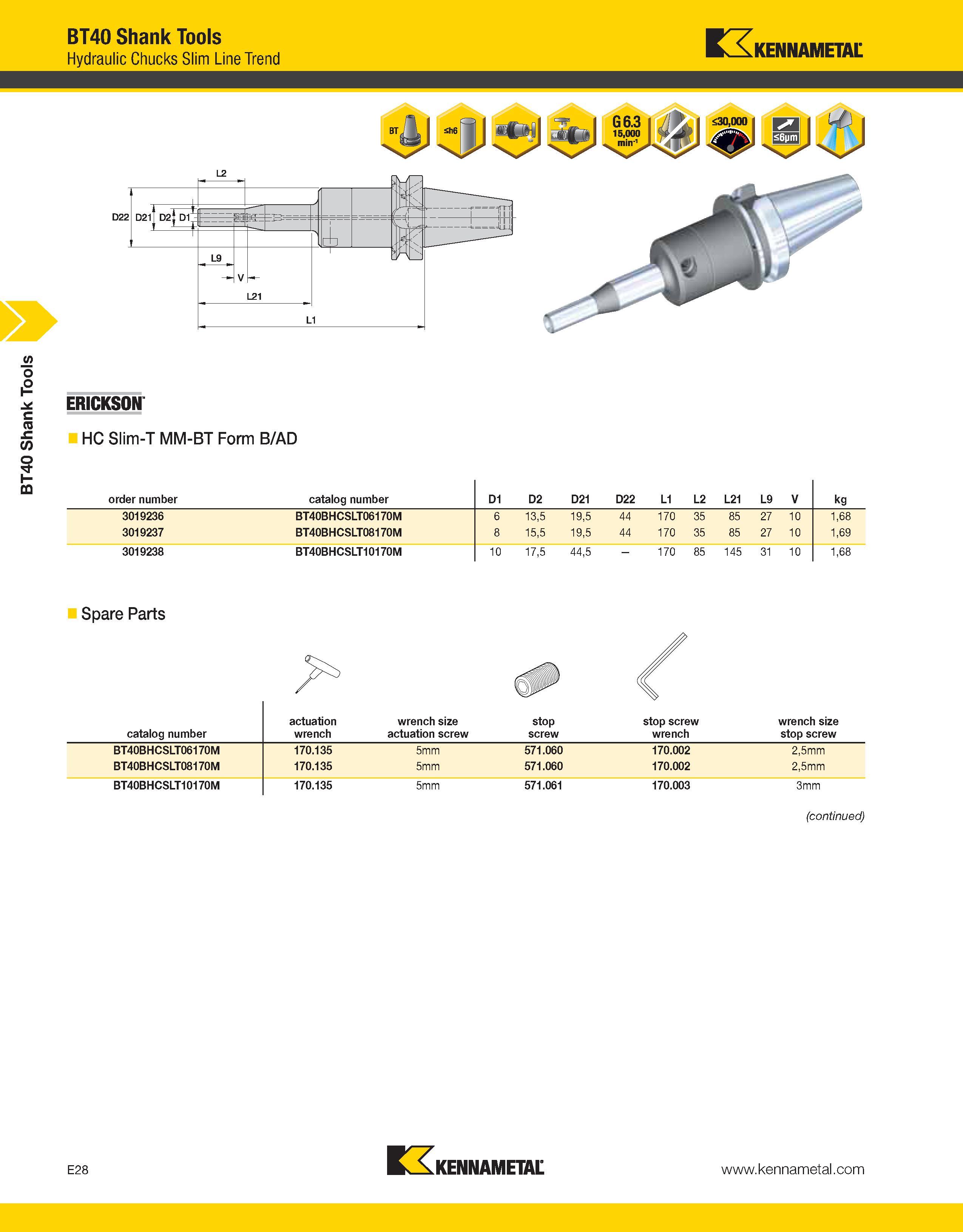 958 BT40 Shank Tools BT40 Shank Tools Hydraulic Chucks Slim Line Trend Kennametal ERICKSON HC Slim-T MM-BT Form B/AD order number catalog number D1 D Каталог KENNAMETAL 2013 Инструментальная оснастка и вспомогательный инструмент для универсальных металлорежущих станков и обрабатывающих центров с ЧПУ Стр. E28