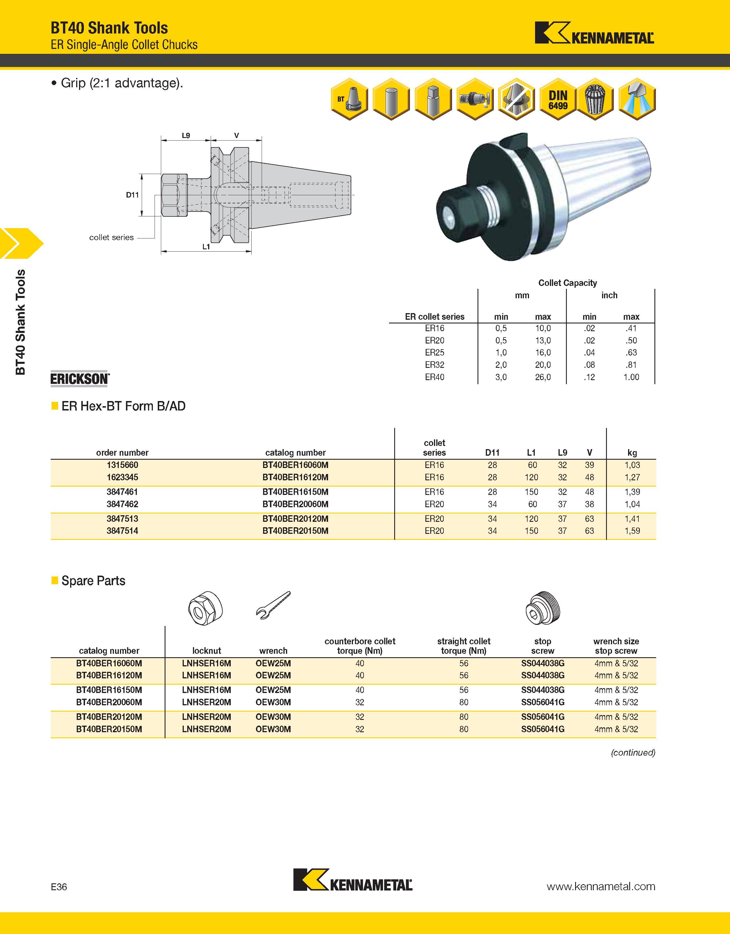 966 BT40 Shank Tools BT40 Shank Tools ER Single-Angle Collet Chucks Kennametal Grip (2:1 advantage) ERICKSON ER Hex-BT Form B/AD Collet Capacity ER c Каталог KENNAMETAL 2013 Инструментальная оснастка и вспомогательный инструмент для универсальных металлорежущих станков и обрабатывающих центров с ЧПУ Стр. E36