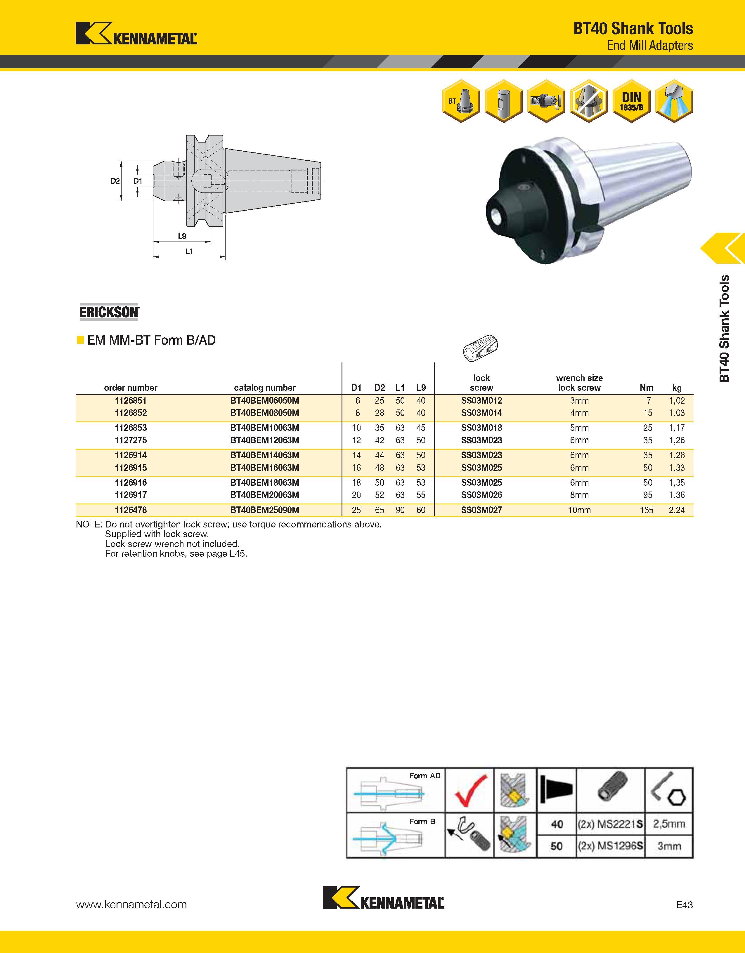 973 Kennametal BT40 Shank Tools End Mill Adapters ERICKSON EM MM-BT Form B/AD order number catalog number D1 D2 L1 L9 lock screw wrench size lock scr Каталог KENNAMETAL 2013 Инструментальная оснастка и вспомогательный инструмент для универсальных металлорежущих станков и обрабатывающих центров с ЧПУ Стр. E43