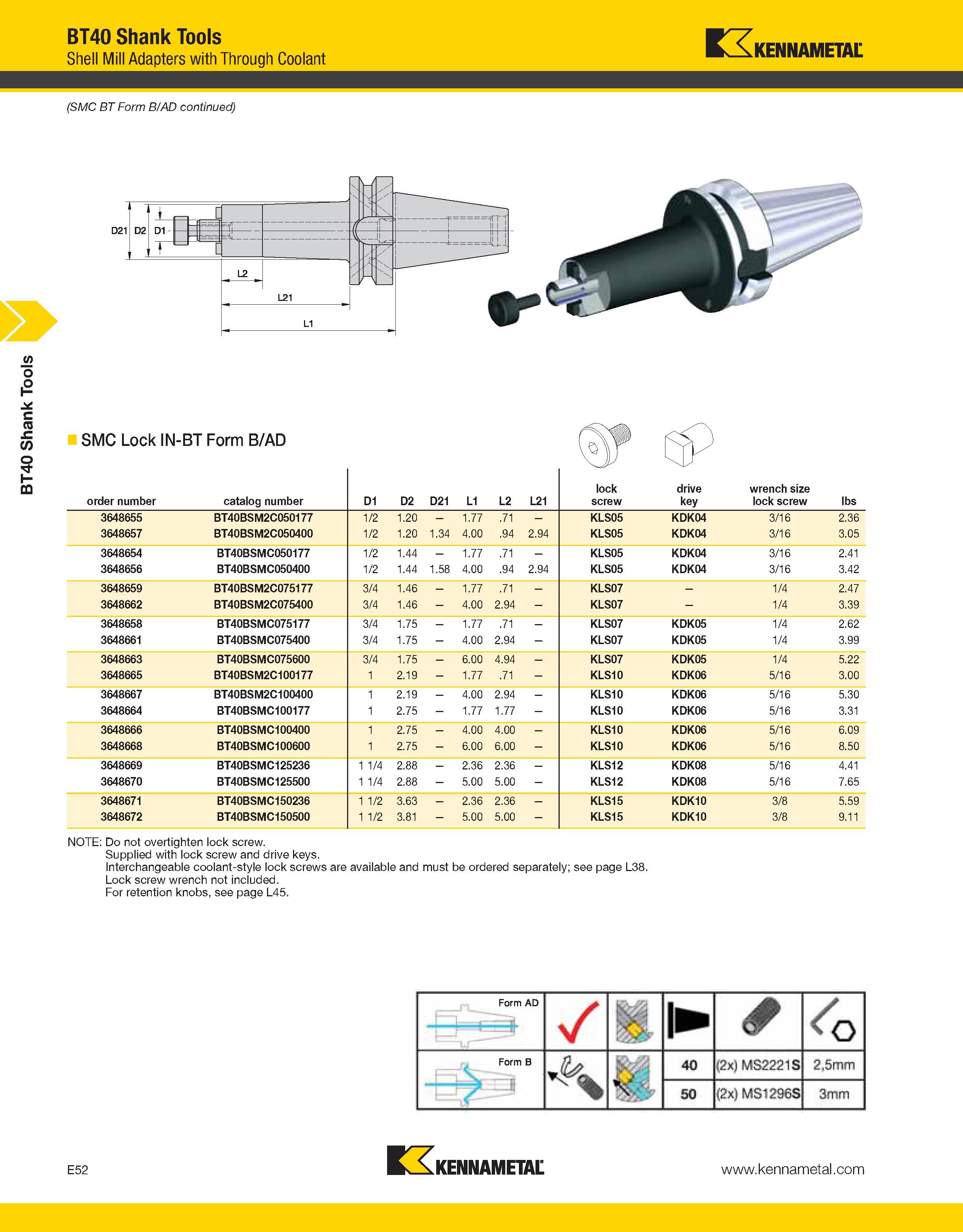 982 BT40 Shank Tools BT40 Shank Tools Shell Mill Adapters with Through Coolant Kennametal (SMC BT Form B/AD continued) order number catalog number D1 Каталог KENNAMETAL 2013 Инструментальная оснастка и вспомогательный инструмент для универсальных металлорежущих станков и обрабатывающих центров с ЧПУ Стр. E52