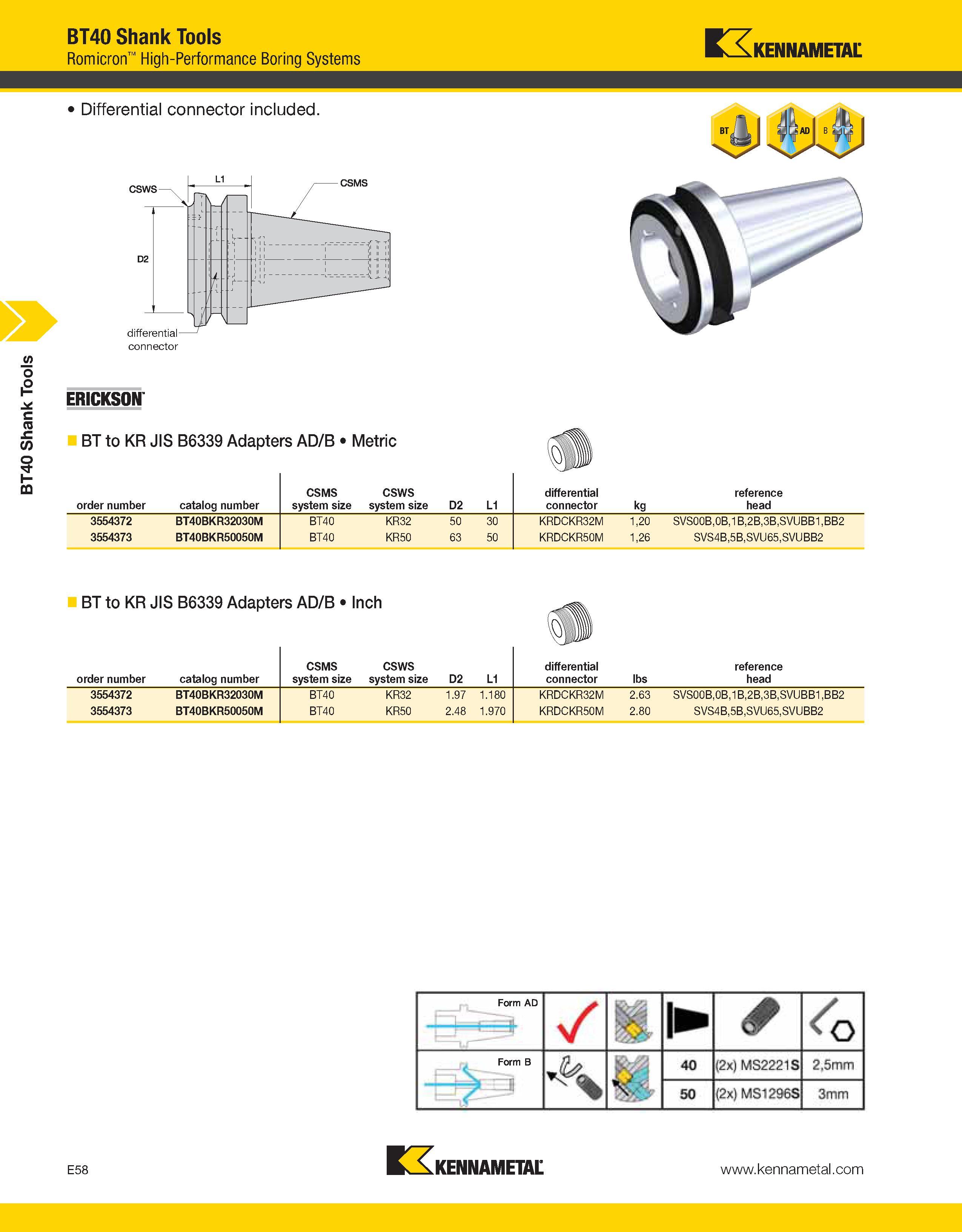 988 BT40 Shank Tools BT40 Shank Tools Romicron High-Performance Boring Systems Kennametal Differential connector included -a ERICKSON BT to KR JIS B6 Каталог KENNAMETAL 2013 Инструментальная оснастка и вспомогательный инструмент для универсальных металлорежущих станков и обрабатывающих центров с ЧПУ Стр. E58