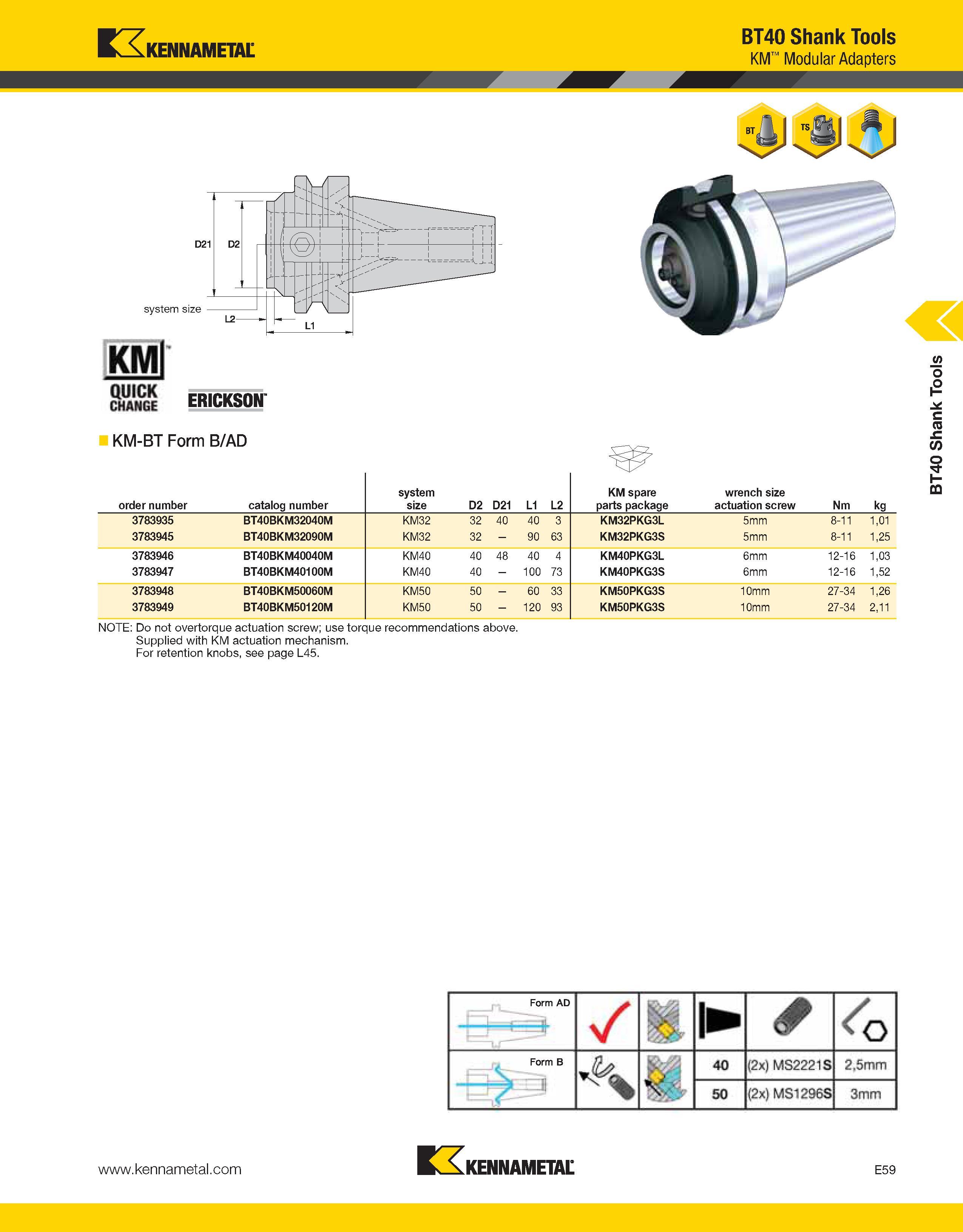 989 Kennametal system size KMl Se ericksoit KM-BT Form B/AD BT40 Shank Tools KM Modular Adapters order number catalog number system size D2 D21 L1 L2 Каталог KENNAMETAL 2013 Инструментальная оснастка и вспомогательный инструмент для универсальных металлорежущих станков и обрабатывающих центров с ЧПУ Стр. E59