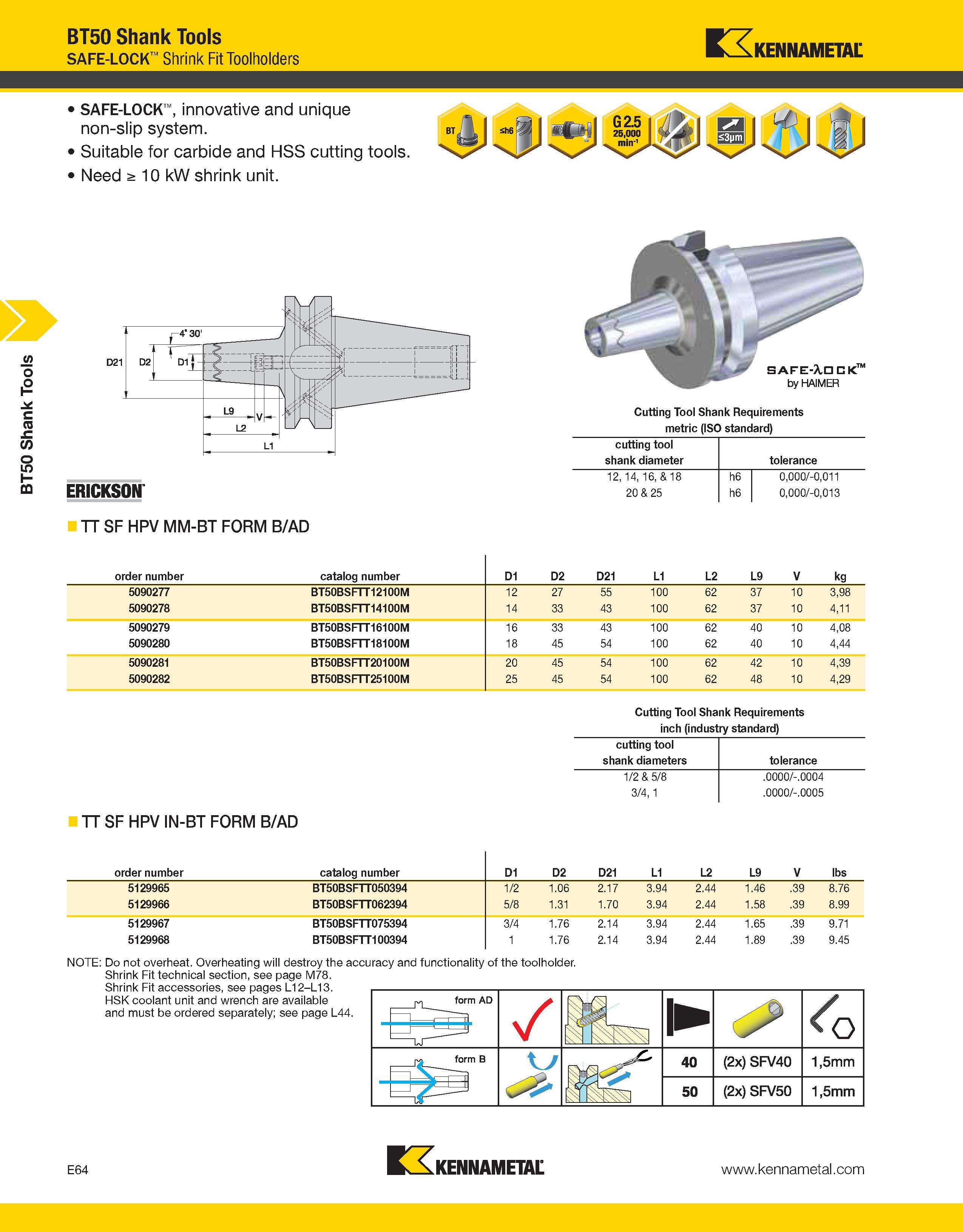 994 BT50 Shank Tools BT50 Shank Tools SAFE-LOCK Shrink Fit Toolholders Kennametal SAFE-LOCK , innovative and unique non-slip system Suitable for carb Каталог KENNAMETAL 2013 Инструментальная оснастка и вспомогательный инструмент для универсальных металлорежущих станков и обрабатывающих центров с ЧПУ Стр. E64