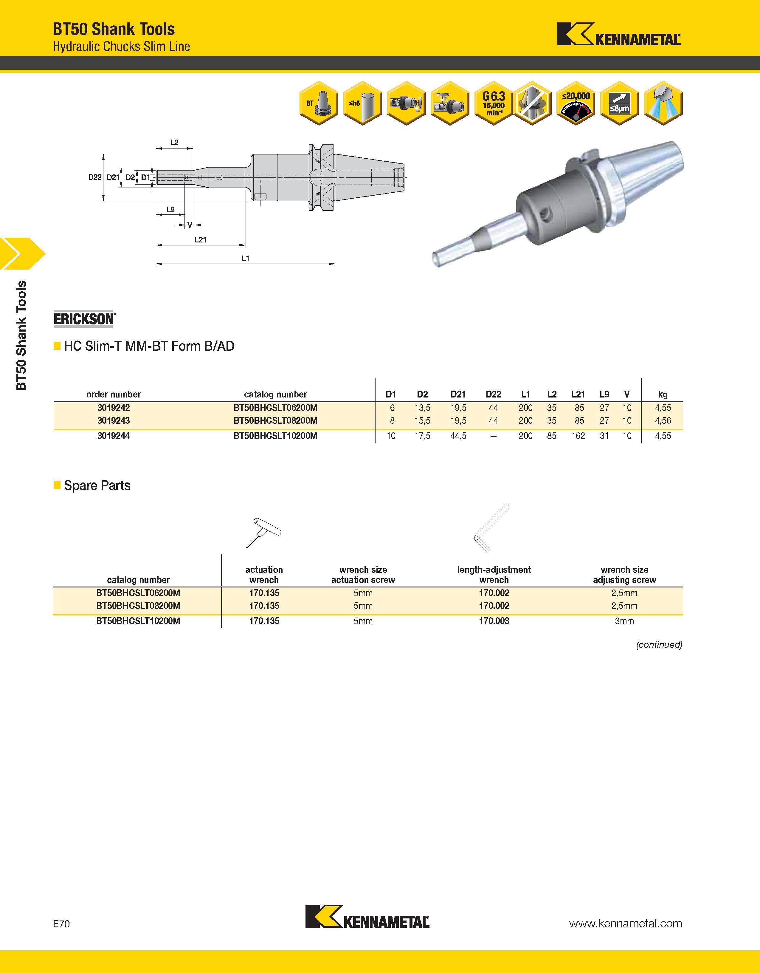 1000 BT50 Shank Tools BT50 Shank Tools Hydraulic Chucks Slim Line Kennametal ERICKSON HC Slim-T MM-BT Form B/AD order number catalog number D1 D2 D21 Каталог KENNAMETAL 2013 Инструментальная оснастка и вспомогательный инструмент для универсальных металлорежущих станков и обрабатывающих центров с ЧПУ Стр. E70