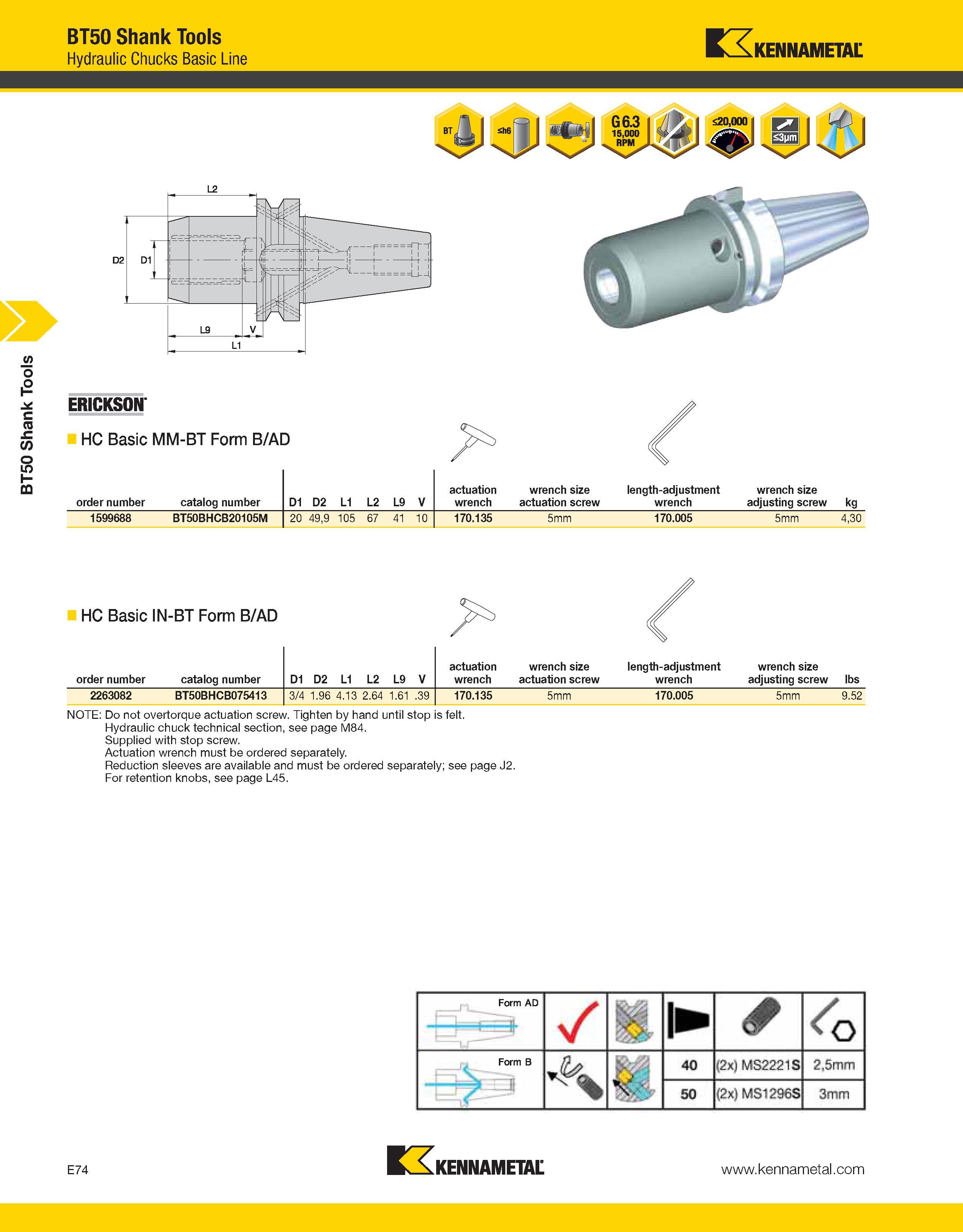1004 BT50 Shank Tools BT50 Shank Tools Hydraulic Chucks Basic Line Kennametal ERICKSON HC Basic MM-BT Form B/AD order number catalog number D1 D2 L1 L Каталог KENNAMETAL 2013 Инструментальная оснастка и вспомогательный инструмент для универсальных металлорежущих станков и обрабатывающих центров с ЧПУ Стр. E74