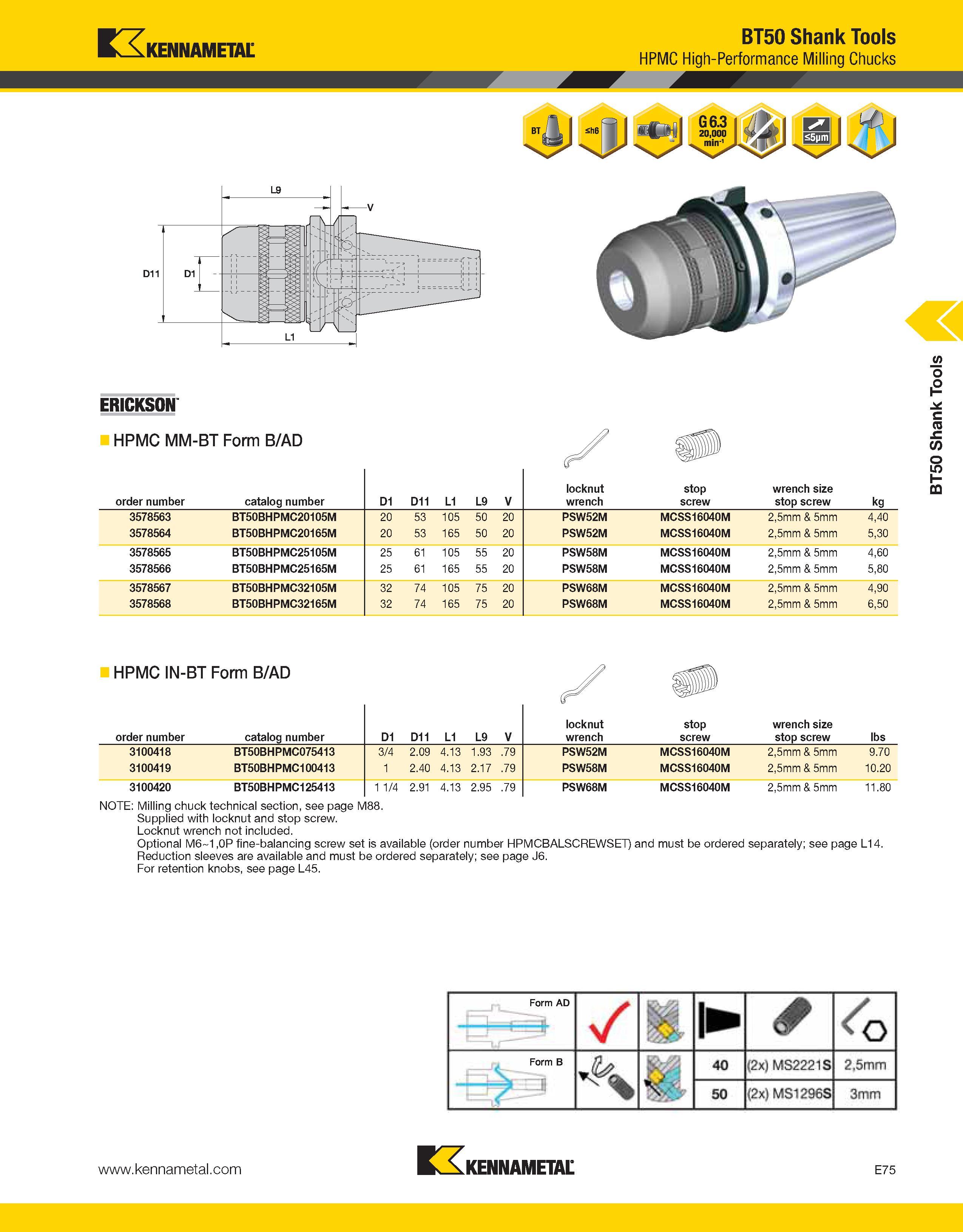 1005 Kennametal BT50 Shank Tools HPMC High-Performance Milling Chucks ERICKSON HPMC MM-BT Form B/AD order number catalog number D1 D11 L1 L9 V locknut Каталог KENNAMETAL 2013 Инструментальная оснастка и вспомогательный инструмент для универсальных металлорежущих станков и обрабатывающих центров с ЧПУ Стр. E75