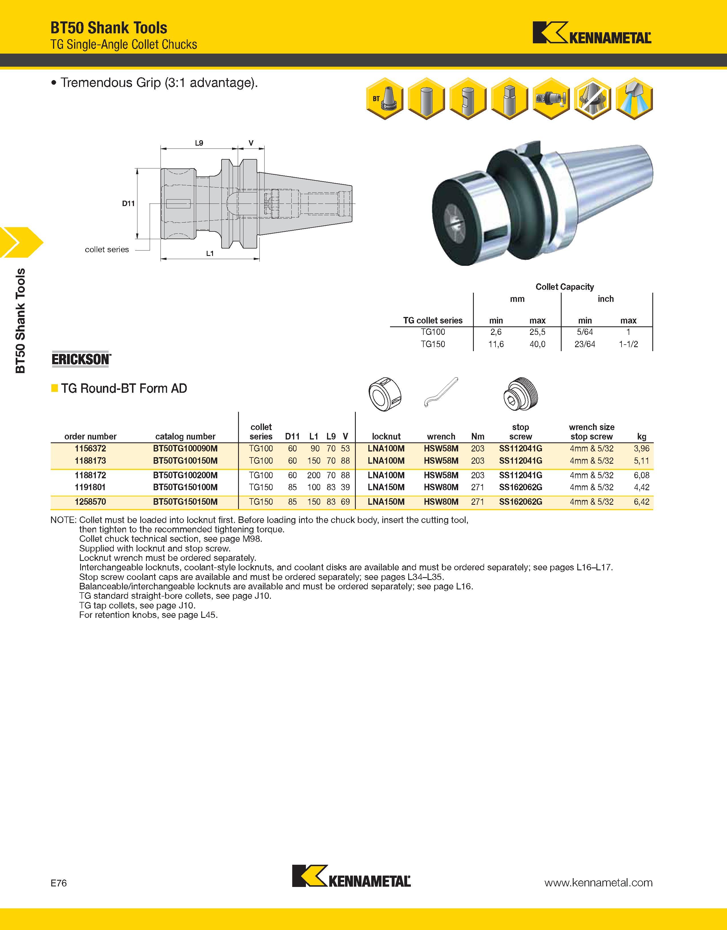 1006 BT50 Shank Tools BT50 Shank Tools TG Single-Angle Collet Chucks Kennametal Collet Capacity mm inch TG collet series min max min max TG100 2,6 25, Каталог KENNAMETAL 2013 Инструментальная оснастка и вспомогательный инструмент для универсальных металлорежущих станков и обрабатывающих центров с ЧПУ Стр. E76