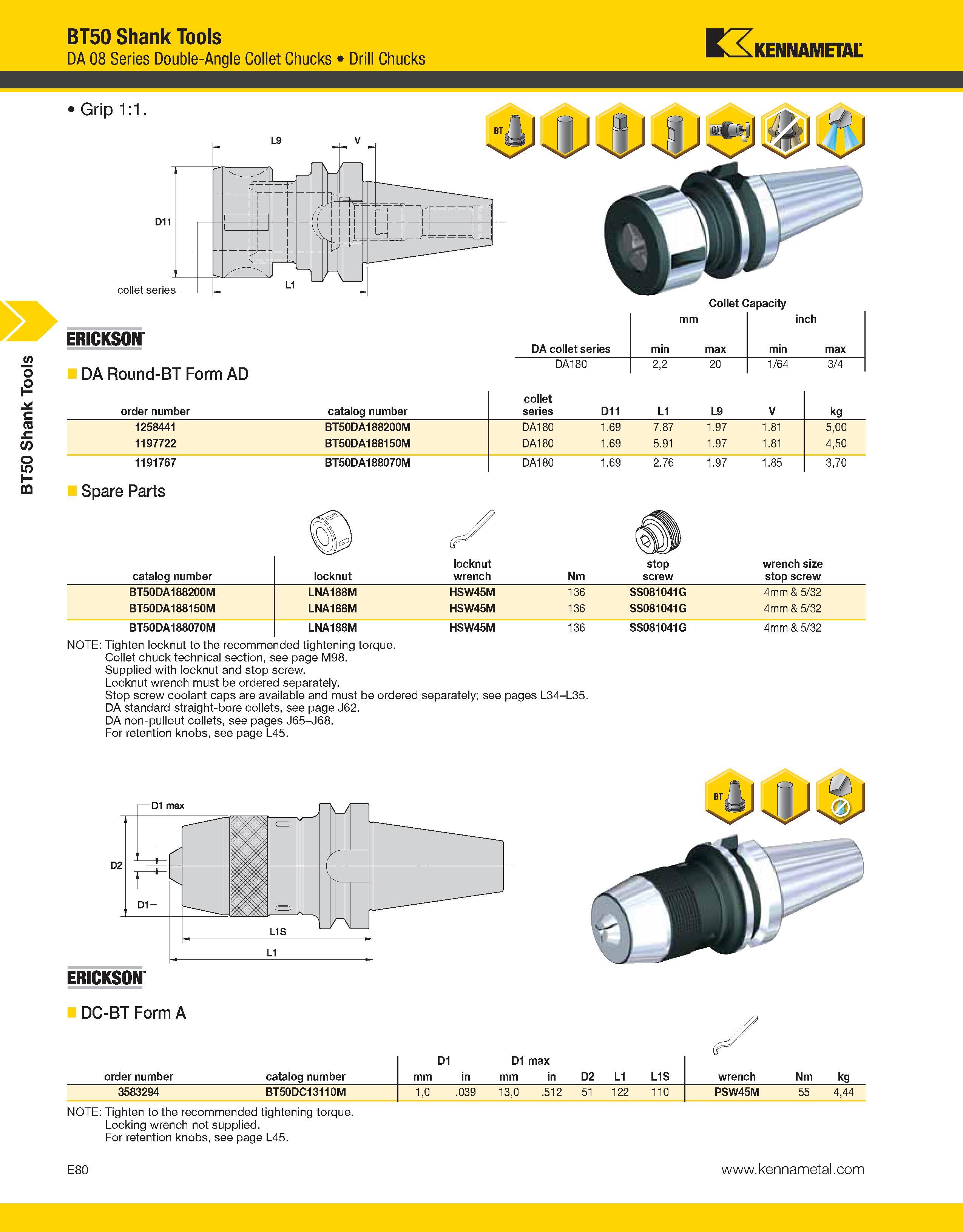 1010 BT50 Shank Tools BT50 Shank Tools DA 08 Series Double-Angle Collet Chucks Drill Chucks Kennametal Grip 1:1 D11 collet series Collet Capacity mm i Каталог KENNAMETAL 2013 Инструментальная оснастка и вспомогательный инструмент для универсальных металлорежущих станков и обрабатывающих центров с ЧПУ Стр. E80