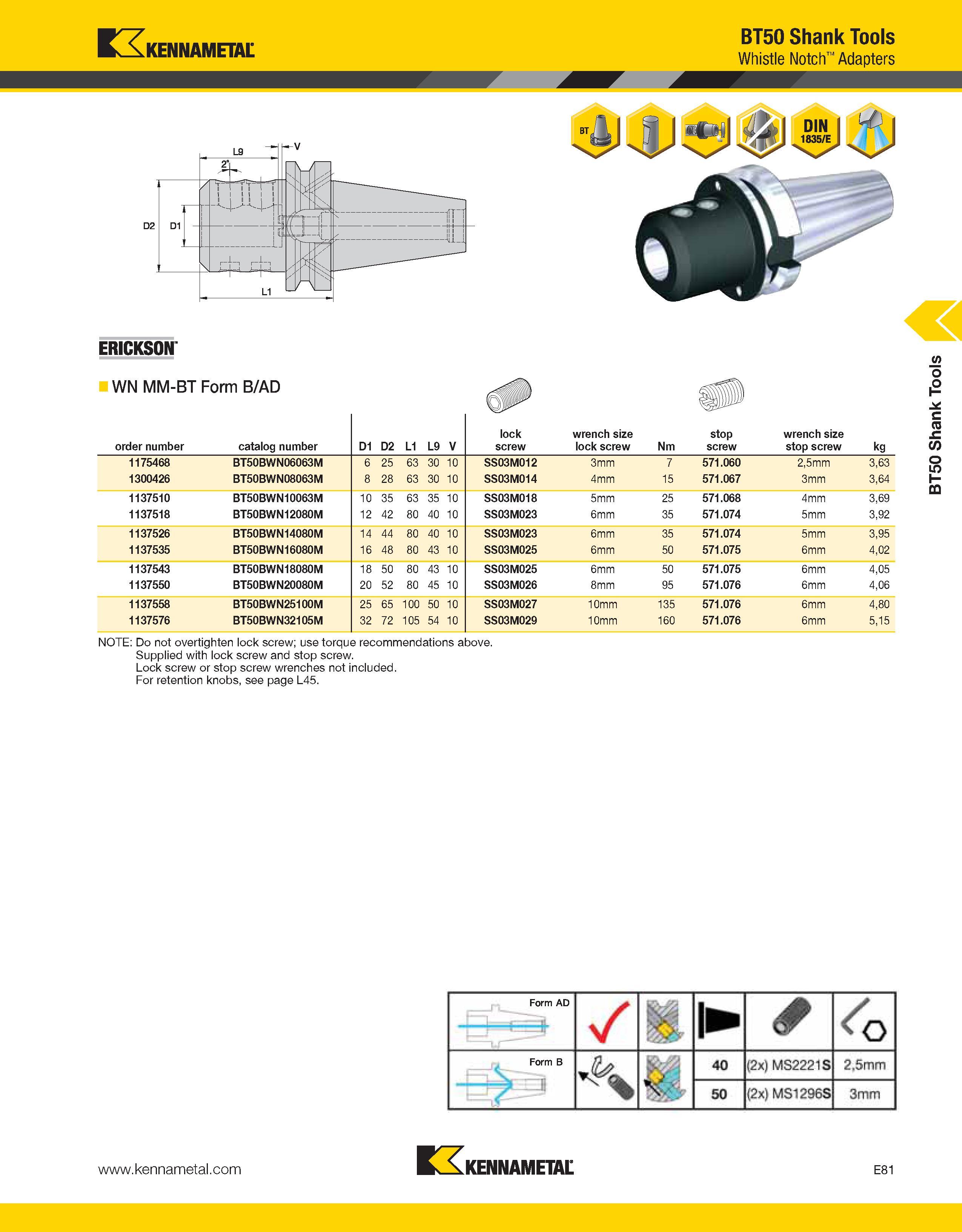 1011 Kennametal BT50 Shank Tools Whistle Notch Adapters ERICKSON WN MM-BT Form B/AD order number catalog number D1 D2 L1 L9 V lock screw wrench size l Каталог KENNAMETAL 2013 Инструментальная оснастка и вспомогательный инструмент для универсальных металлорежущих станков и обрабатывающих центров с ЧПУ Стр. E81