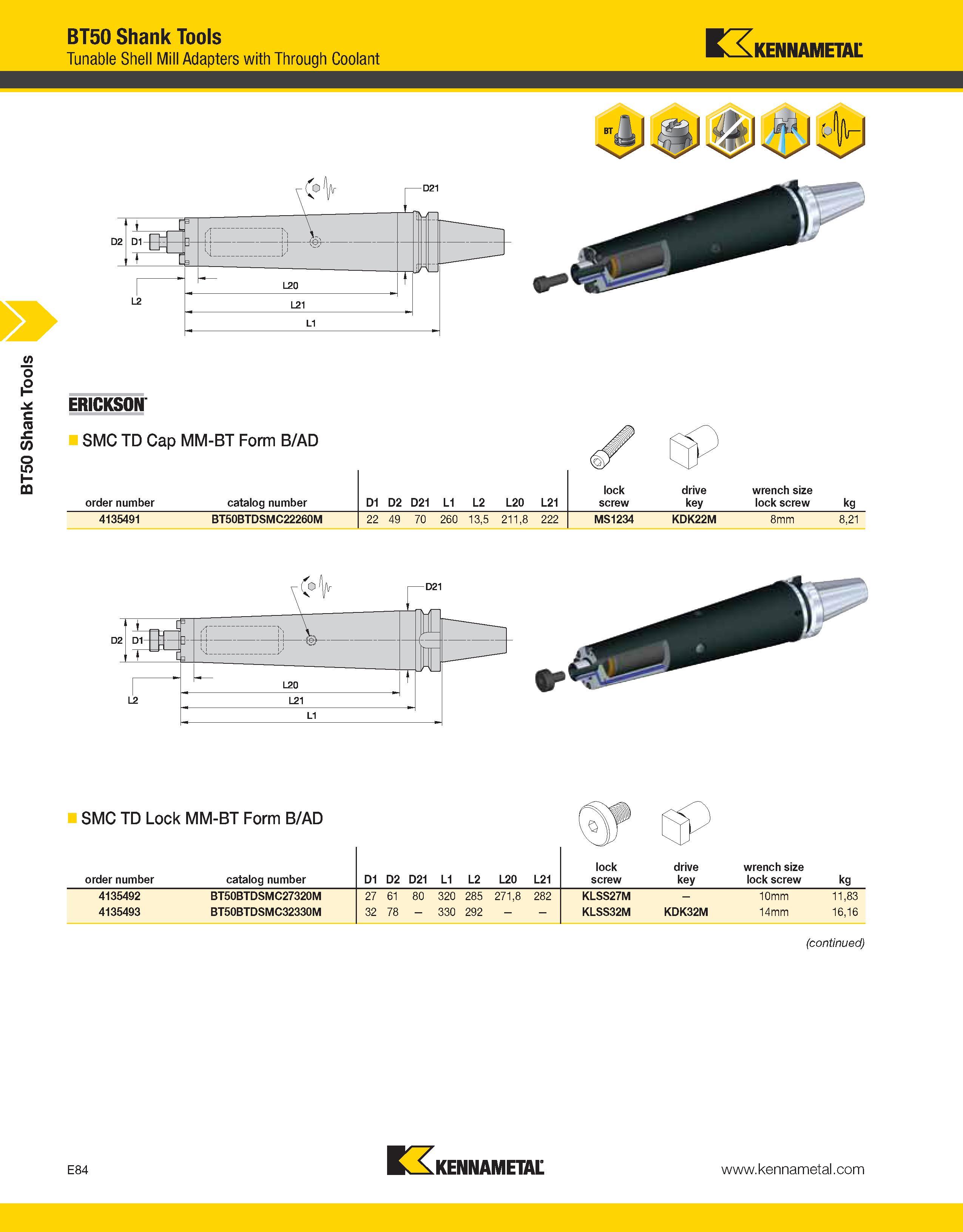 1014 BT50 Shank Tools BT50 Shank Tools Tunable Shell Mill Adapters with Through Coolant Kennametal ERICKSON SMC TD Cap MM-BT Form B/AD order number ca Каталог KENNAMETAL 2013 Инструментальная оснастка и вспомогательный инструмент для универсальных металлорежущих станков и обрабатывающих центров с ЧПУ Стр. E84