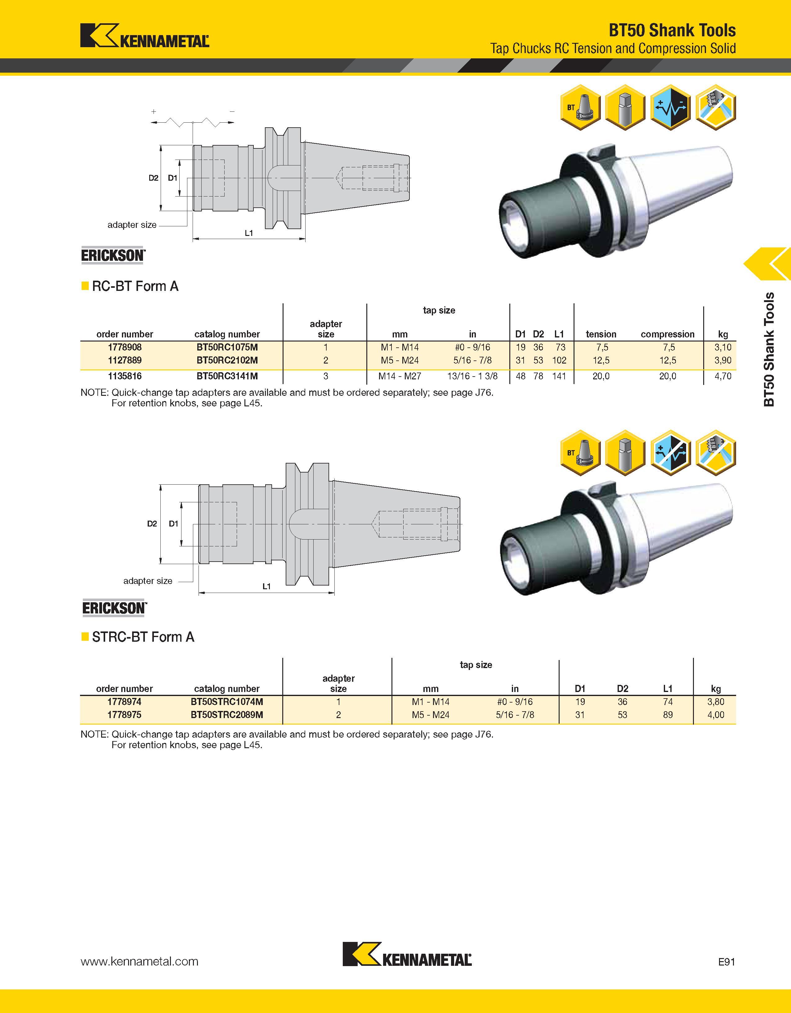 1021 Kennametal BT50 Shank Tools Tap Chucks RC Tension and Compression Solid adapter size - nv T' 411 ERICKSON RC-BT Form A order number catalog numbe Каталог KENNAMETAL 2013 Инструментальная оснастка и вспомогательный инструмент для универсальных металлорежущих станков и обрабатывающих центров с ЧПУ Стр. E91