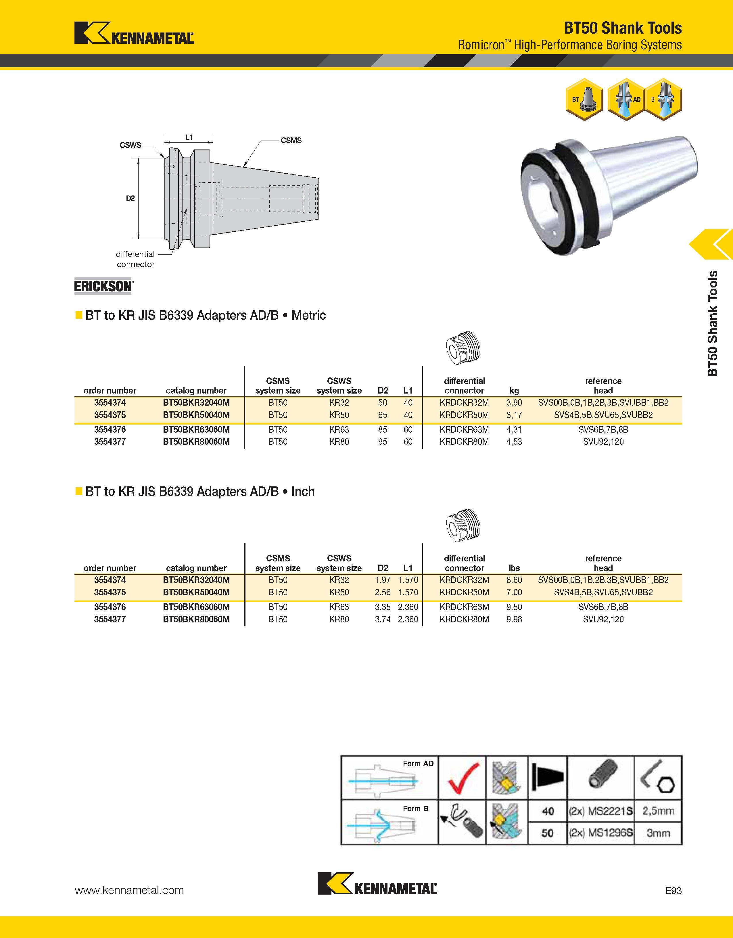 1023 Kennametal BT50 Shank Tools Romicron High-Performance Boring Systems ERICKSON BT to KR JIS B6339 Adapters AD/B Metric order number catalog number Каталог KENNAMETAL 2013 Инструментальная оснастка и вспомогательный инструмент для универсальных металлорежущих станков и обрабатывающих центров с ЧПУ Стр. E93
