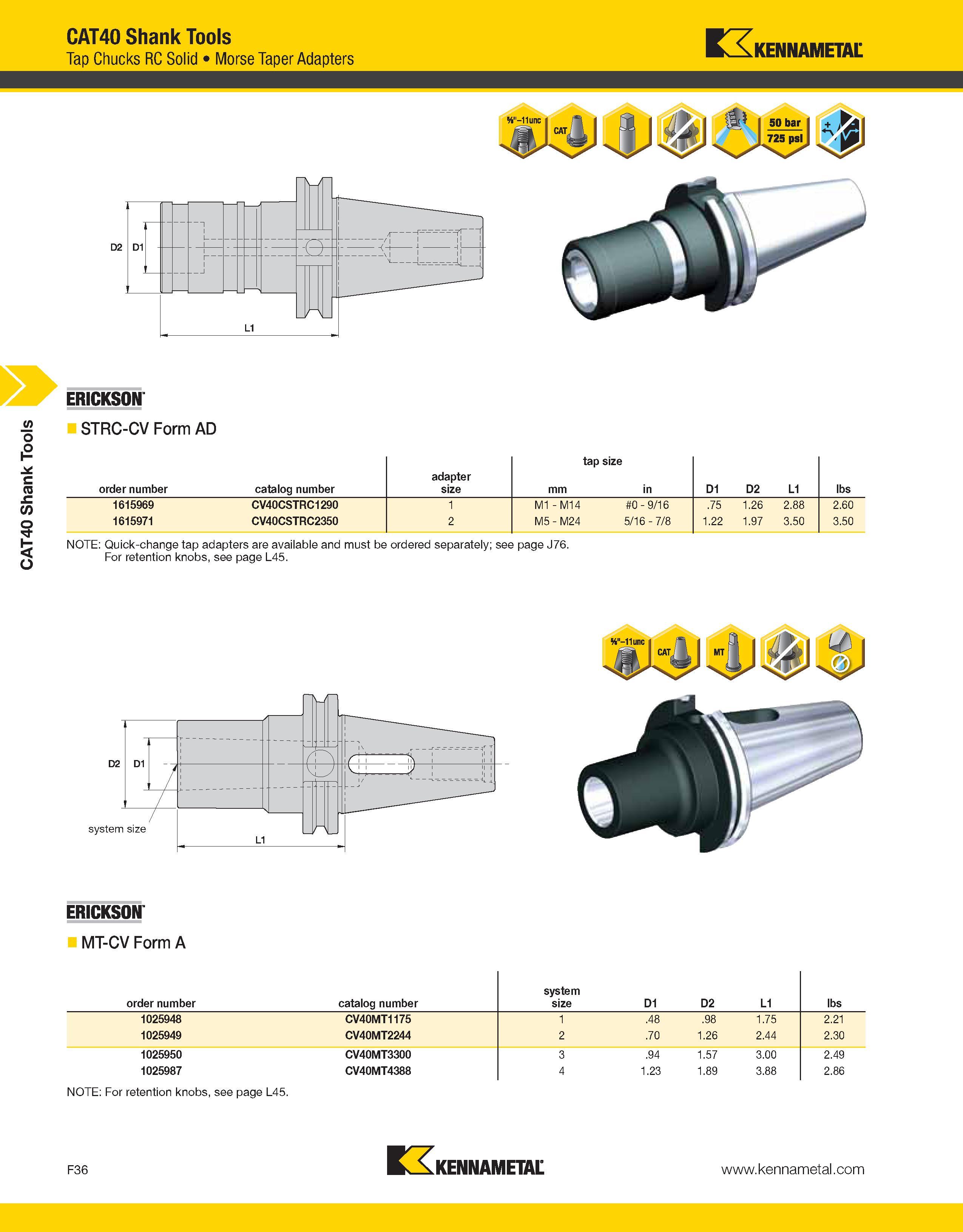 1062 CAT40 Shank Tools CAT40 Shank Tools Tap Chucks RC Solid Morse Taper Adapters Kennametal ERICKSON STRC-CV Form AD order number catalog number adap Каталог KENNAMETAL 2013 Инструментальная оснастка и вспомогательный инструмент для универсальных металлорежущих станков и обрабатывающих центров с ЧПУ Стр. F36