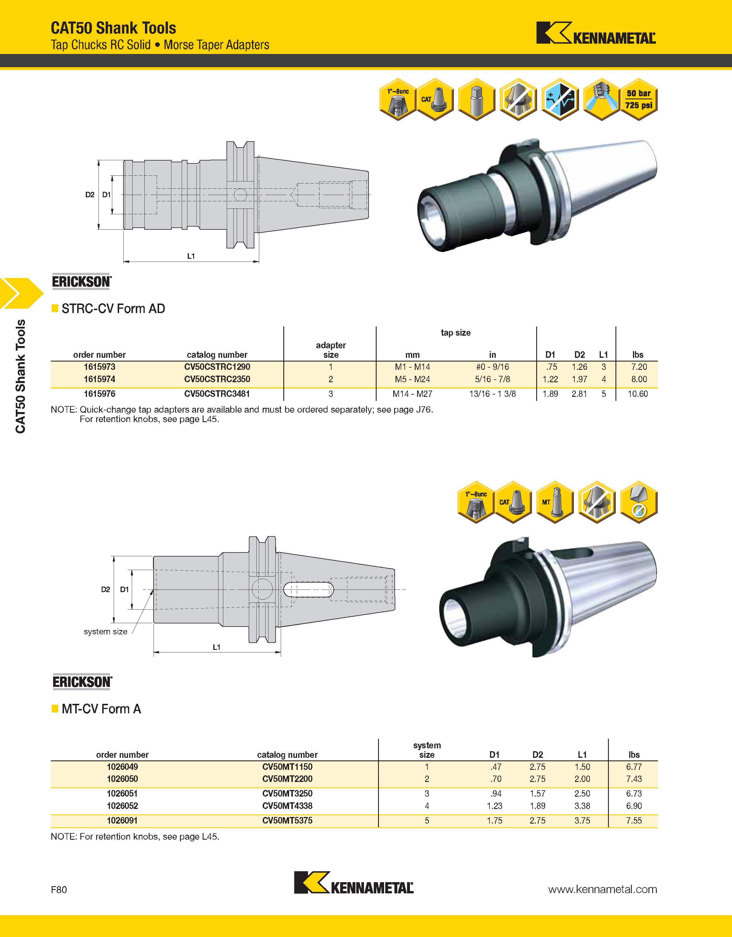1106 CAT50 Shank Tools CAT50 Shank Tools Tap Chucks RC Solid Morse Taper Adapters Kennametal ERICKSON STRC-CV Form AD order number catalog number adap Каталог KENNAMETAL 2013 Инструментальная оснастка и вспомогательный инструмент для универсальных металлорежущих станков и обрабатывающих центров с ЧПУ Стр. F80