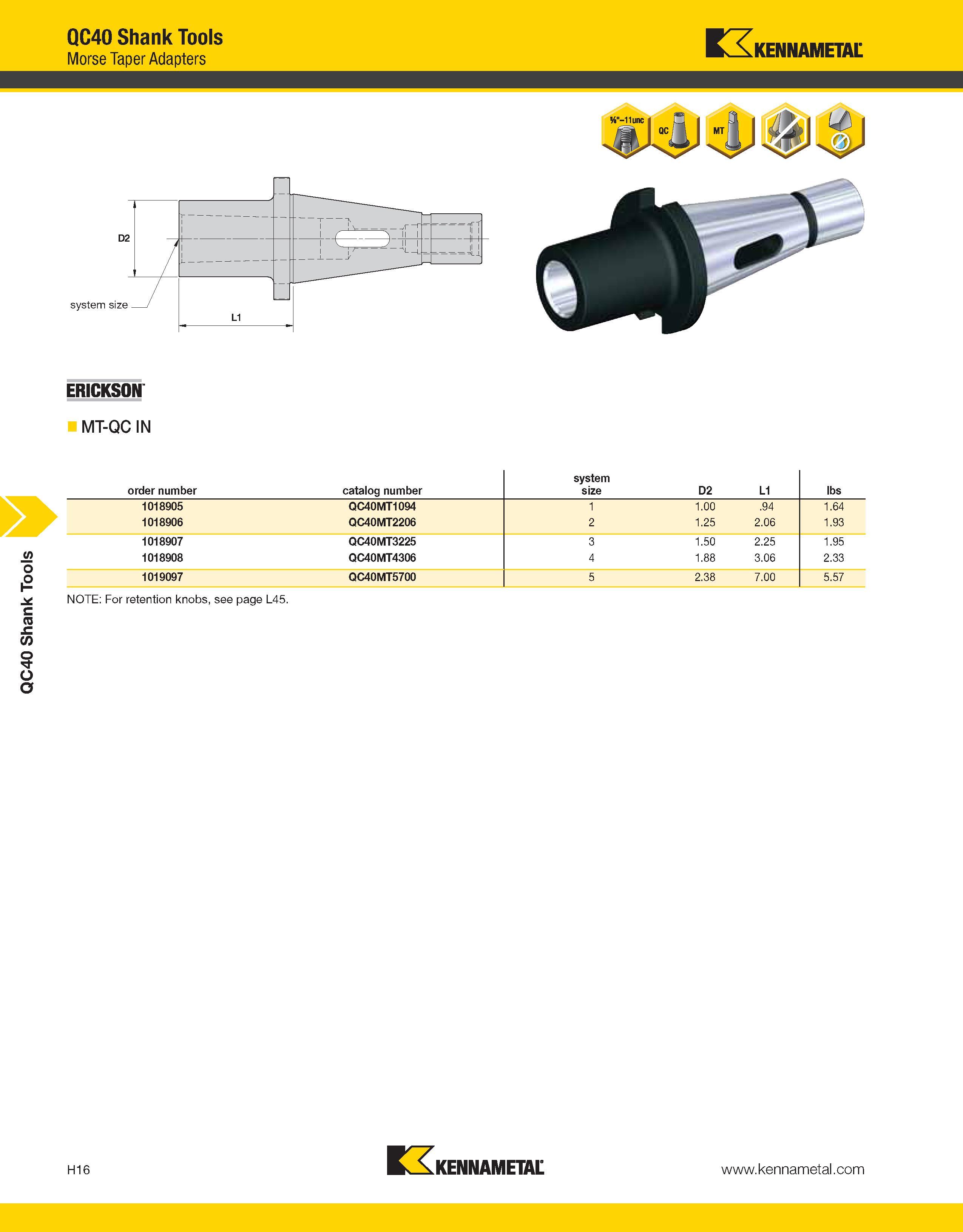 1204 QC40 Shank Tools QC40 Shank Tools Morse Taper Adapters Kennametal ERICKSON MT-QC IN order number catalog number system size D2 L1 lbs 1018905 QC4 Каталог KENNAMETAL 2013 Инструментальная оснастка и вспомогательный инструмент для универсальных металлорежущих станков и обрабатывающих центров с ЧПУ Стр. H16