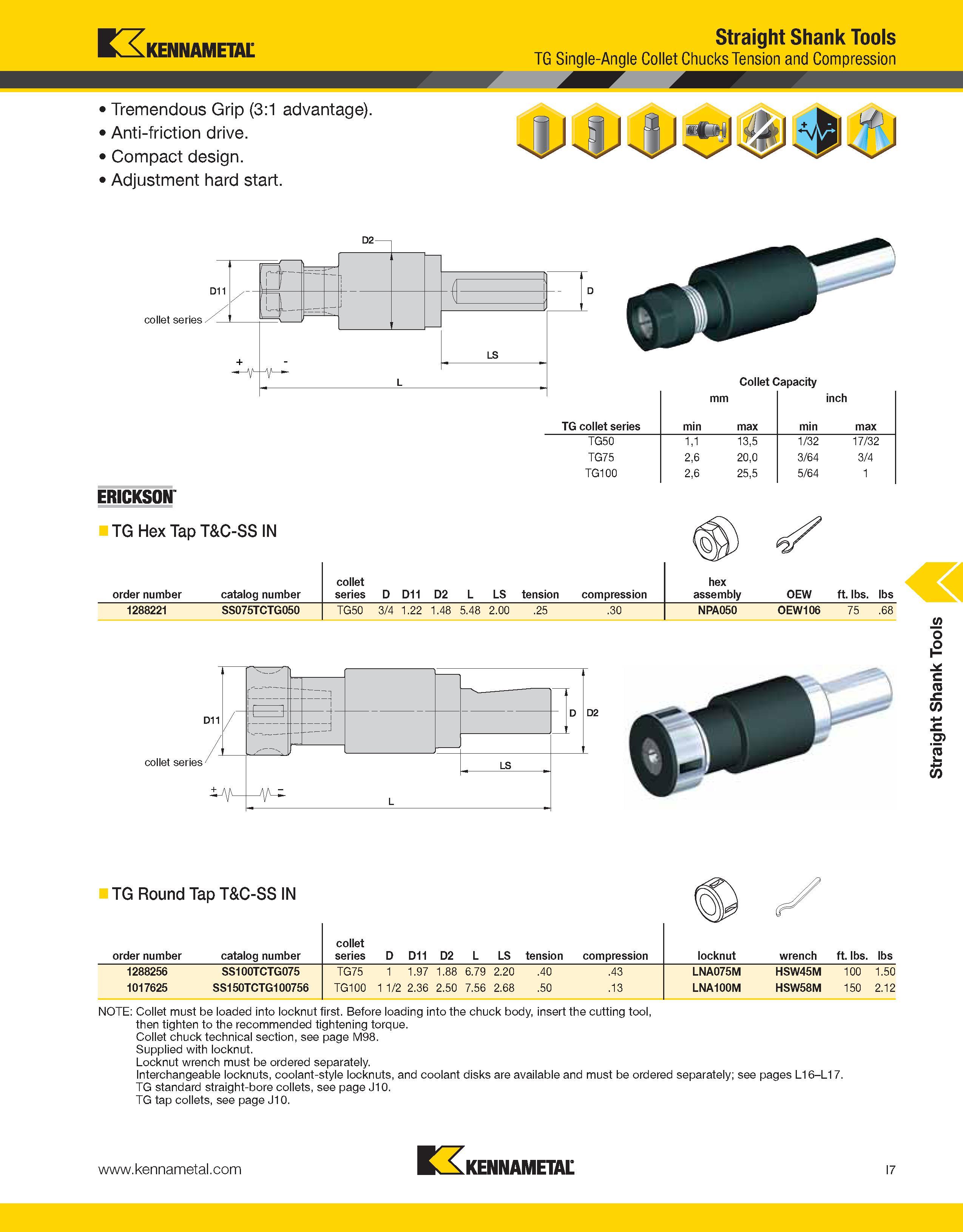 1223 Kennametal Straight Shank Tools TG Single-Angle Collet Chucks Tension and Compression Tremendous Grip (3:1 advantage) Anti-friction drive Compact Каталог KENNAMETAL 2013 Инструментальная оснастка и вспомогательный инструмент для универсальных металлорежущих станков и обрабатывающих центров с ЧПУ Стр. I7