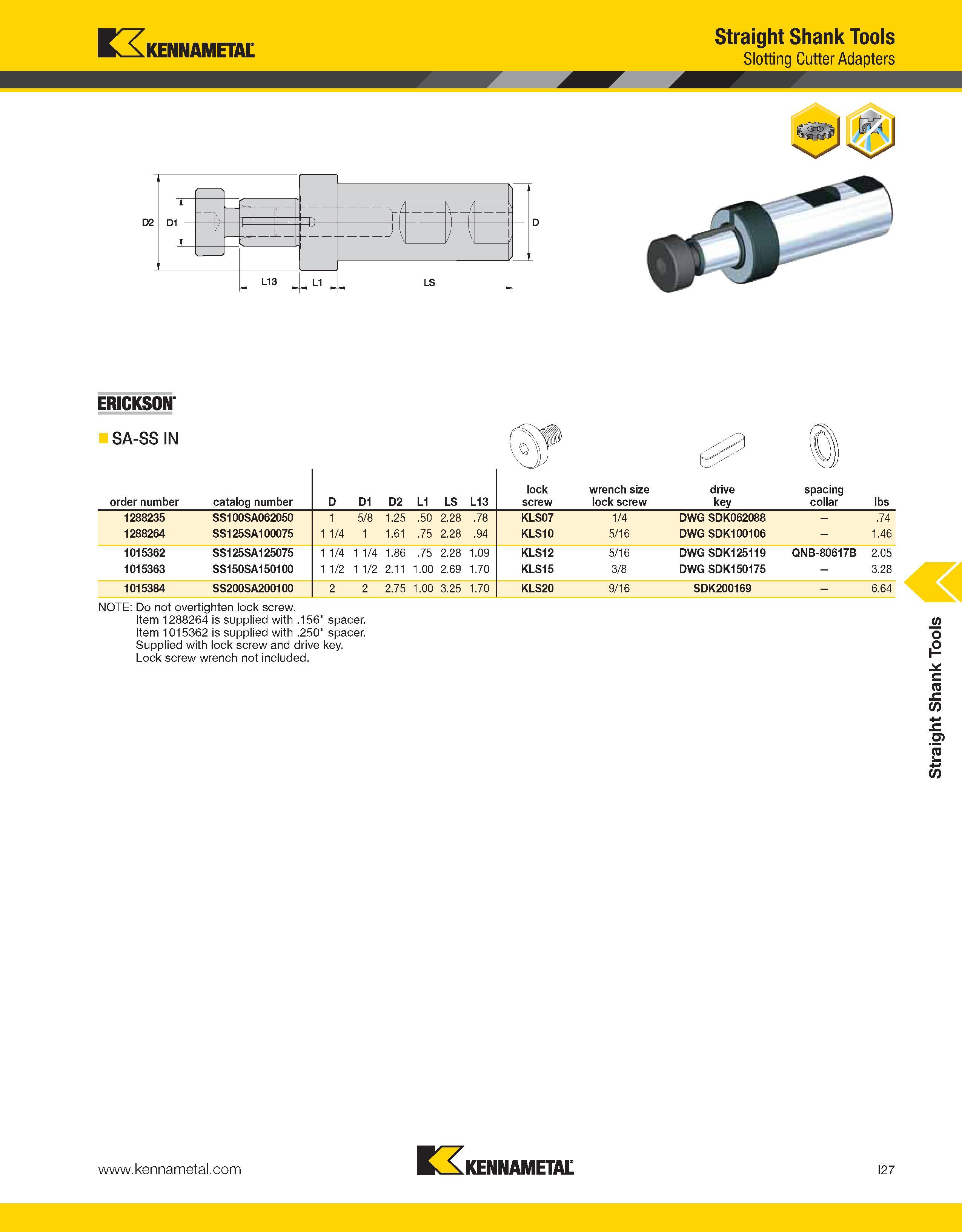 1243 Kennametal Straight Shank Tools Slotting Cutter Adapters ERICKSON SA-SS IN order number catalog number D D1 D2 L1 LS L13 lock screw wrench size l Каталог KENNAMETAL 2013 Инструментальная оснастка и вспомогательный инструмент для универсальных металлорежущих станков и обрабатывающих центров с ЧПУ Стр. I27
