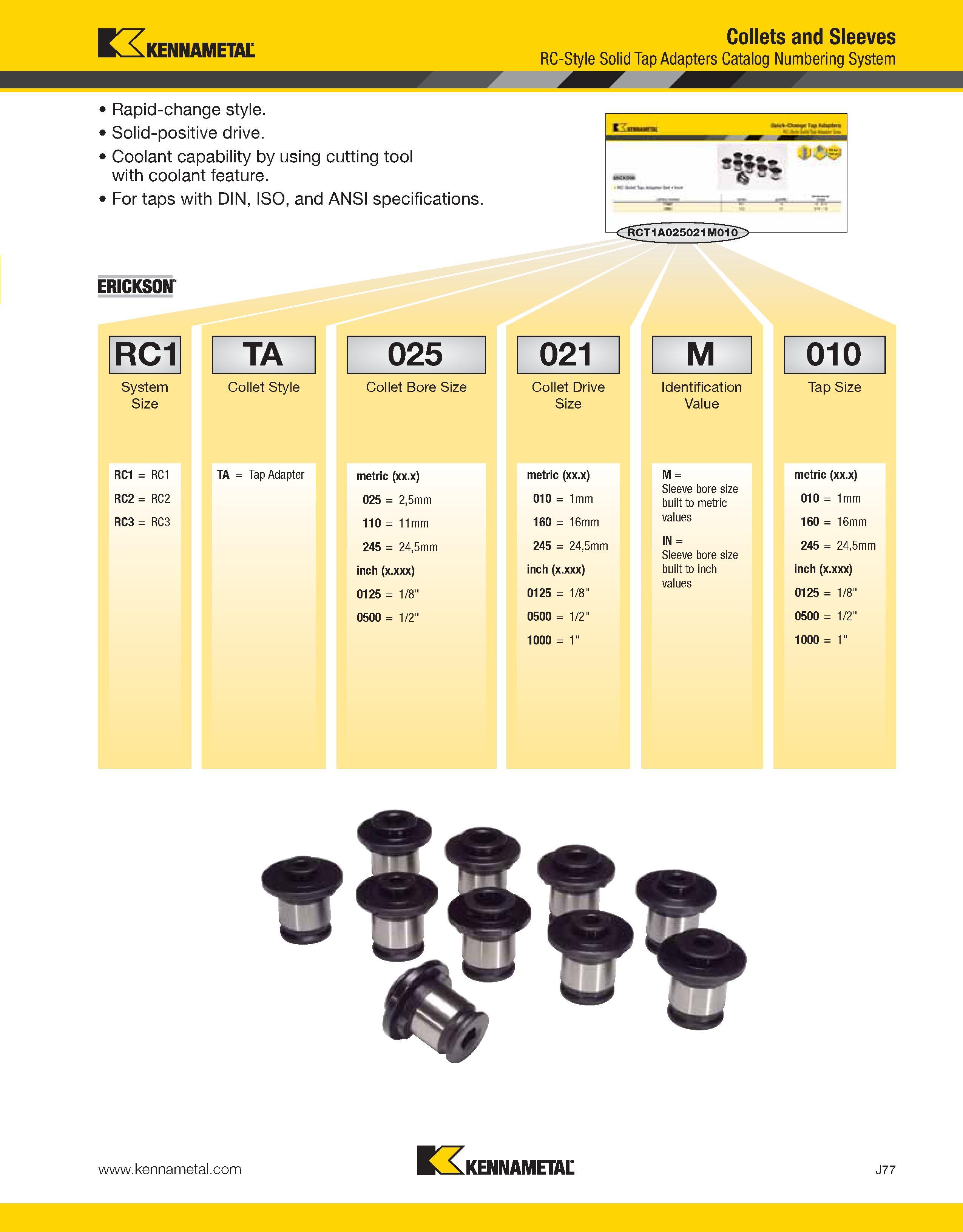 1321 Kennametal Rapid-change style Solid-positive drive Coolant capability by using cutting tool with coolant feature For taps with DIN, ISO, and ANSI Каталог KENNAMETAL 2013 Инструментальная оснастка и вспомогательный инструмент для универсальных металлорежущих станков и обрабатывающих центров с ЧПУ Стр. J77