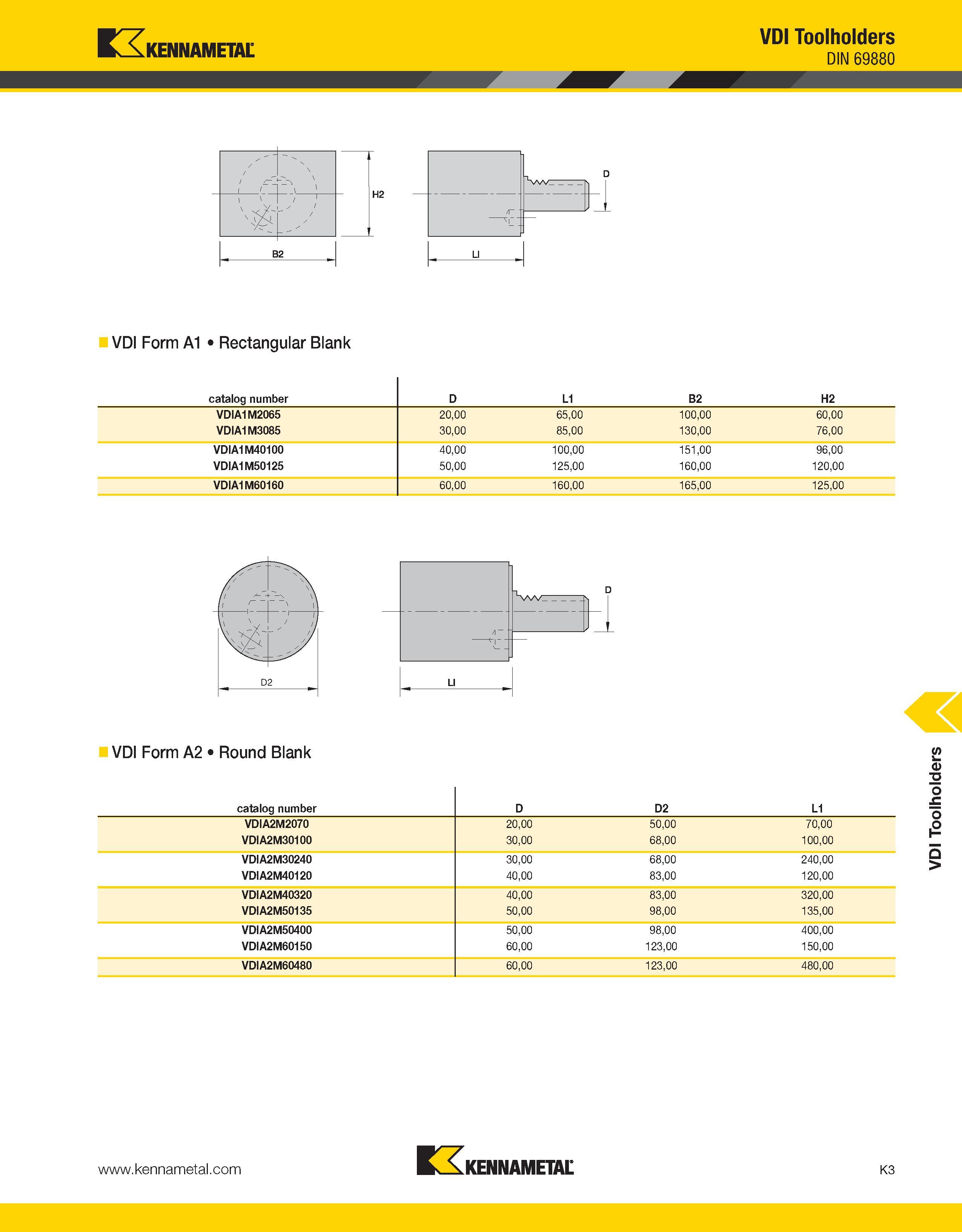 1329 Kennametal VDI Toolholders DIN 69880 VDI Form A1 Rectangular Blank catalog number D L1 B2 H2 VDIA1M2065 20,00 65,00 100,00 60,00 VDIA1M3085 30,00 Каталог KENNAMETAL 2013 Инструментальная оснастка и вспомогательный инструмент для универсальных металлорежущих станков и обрабатывающих центров с ЧПУ Стр. K3