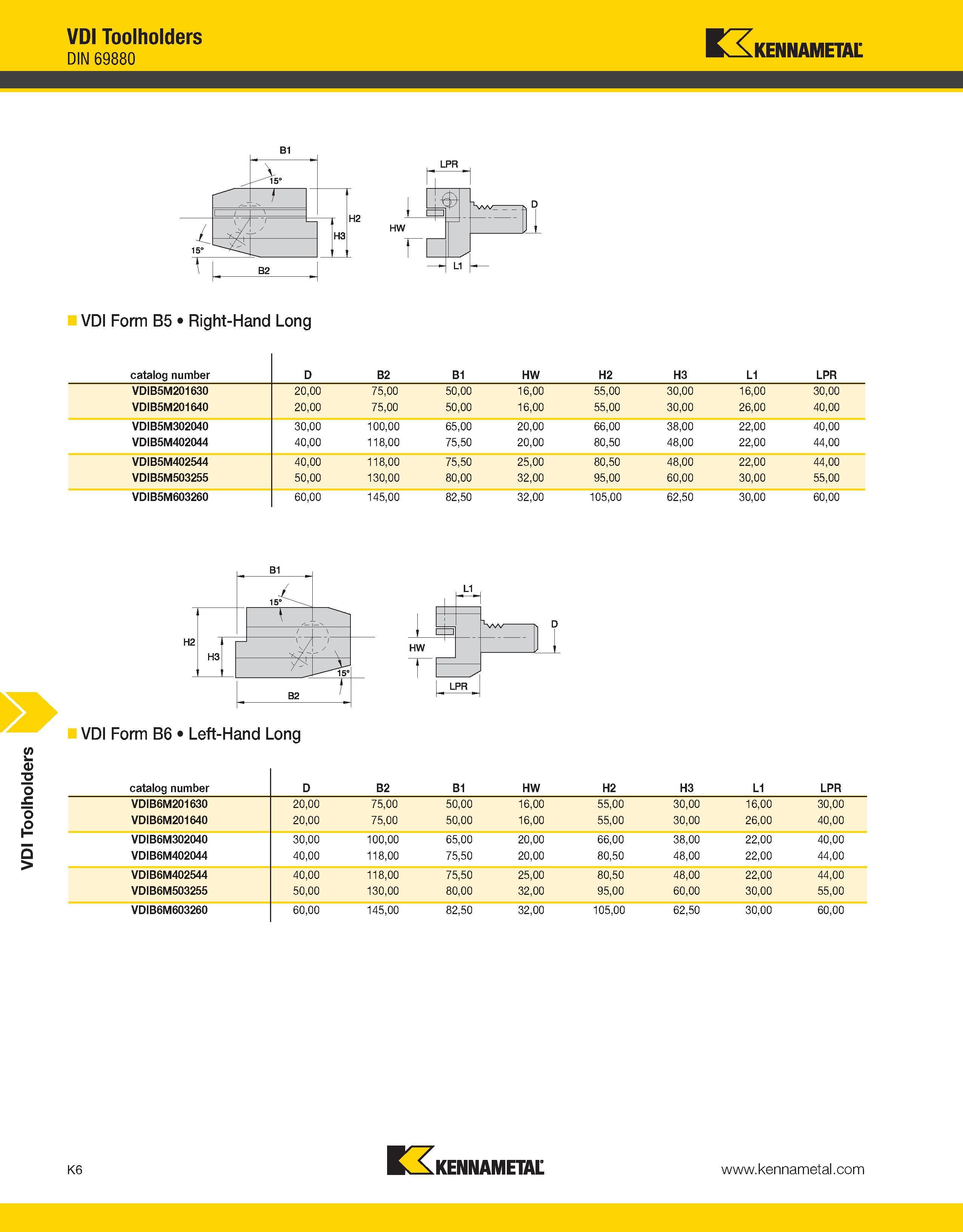 1332 VDI Toolholders VDI Toolholders DIN 69880 Kennametal B1 VDI Form B5 Right-Hand Long catalog number D B2 B1 HW H2 H3 L1 LPR VDIB5M201630 20,00 75, Каталог KENNAMETAL 2013 Инструментальная оснастка и вспомогательный инструмент для универсальных металлорежущих станков и обрабатывающих центров с ЧПУ Стр. K6