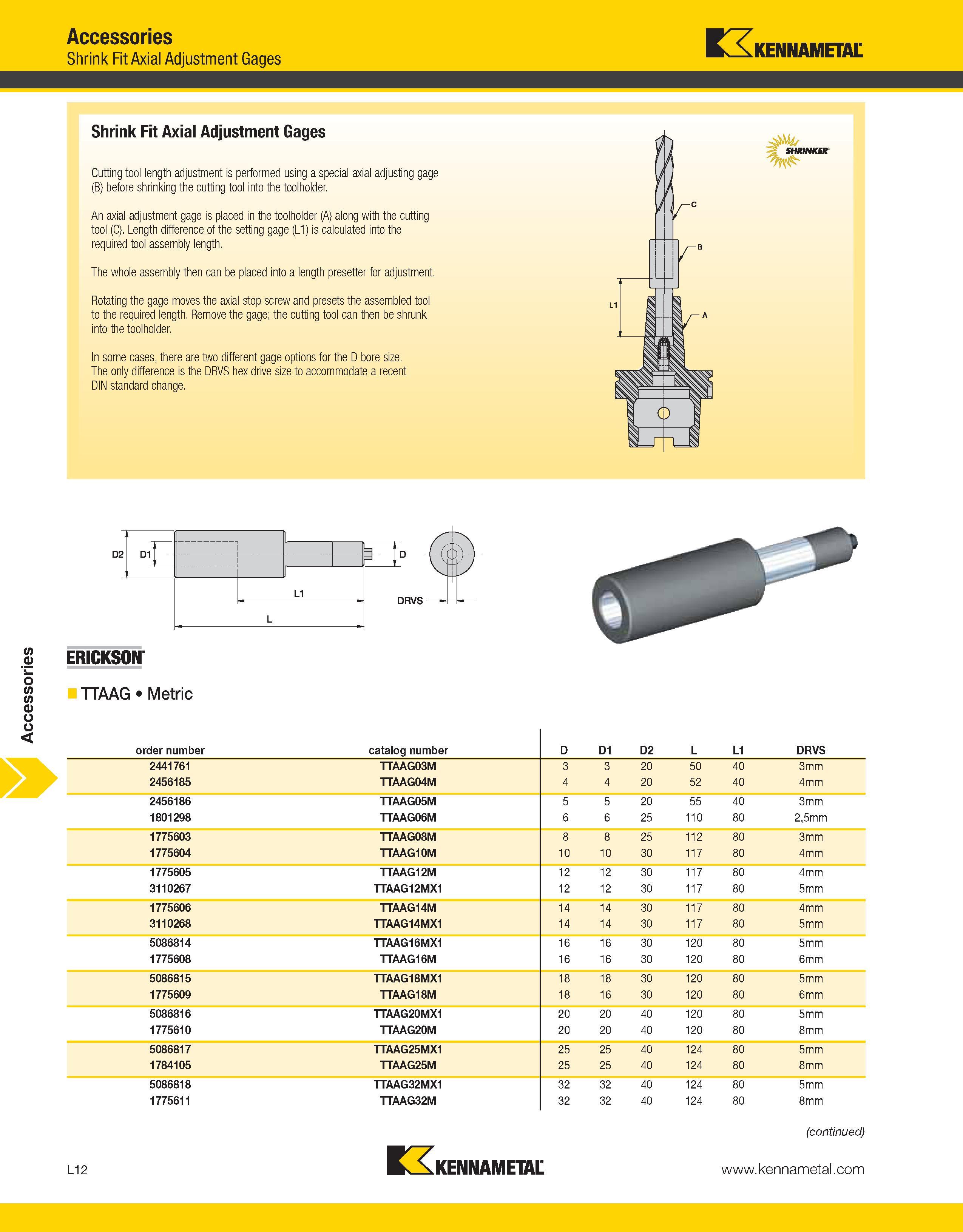 1352 Accessories Accessories Shrink Fit Axial Adjustment Gages Kennametal ERICKSON TTAAG Metric order number catalog number D D1 D2 L L1 DRVS 2441761 Каталог KENNAMETAL 2013 Инструментальная оснастка и вспомогательный инструмент для универсальных металлорежущих станков и обрабатывающих центров с ЧПУ Стр. L12