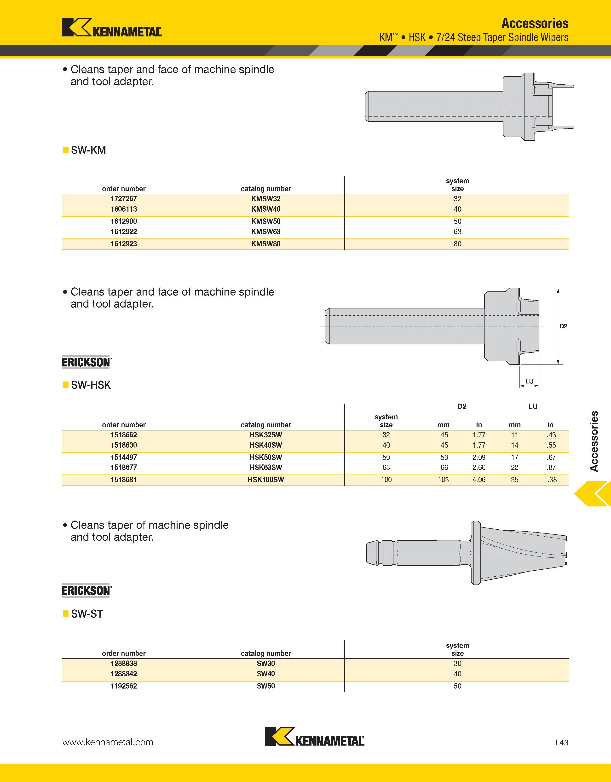 1383 Kennametal Accessories KM HSK 7/24 Steep Taper Spindle Wipers Cleans taper and face of machine spindle and tool adapter SW-KM order number catalo Каталог KENNAMETAL 2013 Инструментальная оснастка и вспомогательный инструмент для универсальных металлорежущих станков и обрабатывающих центров с ЧПУ Стр. L43