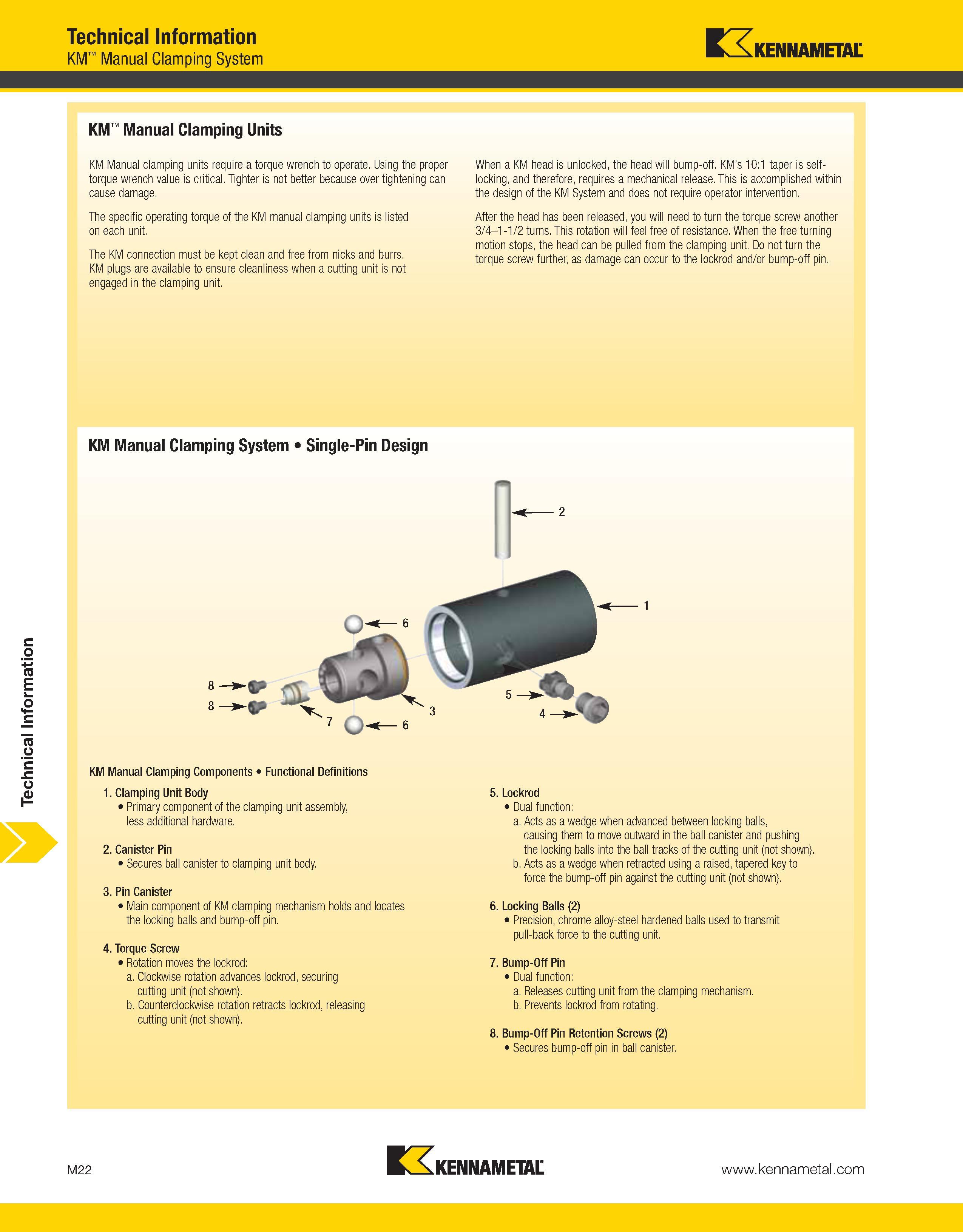 1422 Technical Information Technical Information KM Manual Clamping System Kennametal KM Manual Clamping Units KM Manual clamping units require a torq Каталог KENNAMETAL 2013 Инструментальная оснастка и вспомогательный инструмент для универсальных металлорежущих станков и обрабатывающих центров с ЧПУ Стр. M22