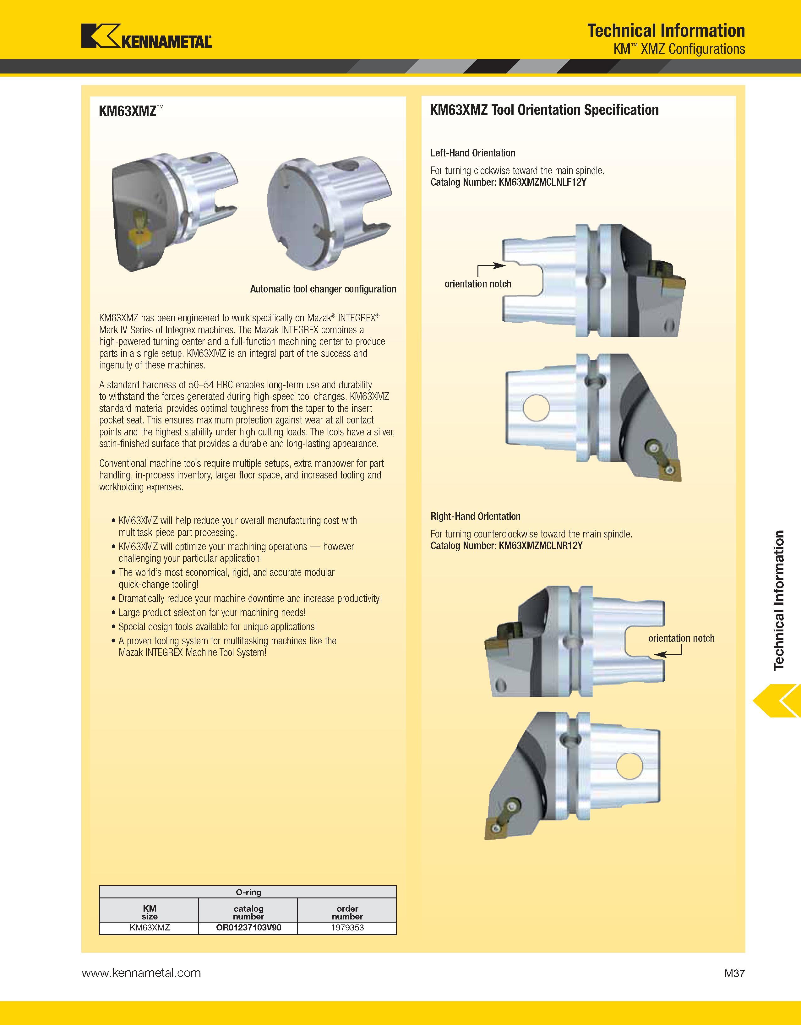 1437 Kennametal Technical Information KM XMZ Configurations KM63XMZ Automatic tool changer configuration KM63XMZ has been engineered to work specifica Каталог KENNAMETAL 2013 Инструментальная оснастка и вспомогательный инструмент для универсальных металлорежущих станков и обрабатывающих центров с ЧПУ Стр. M37