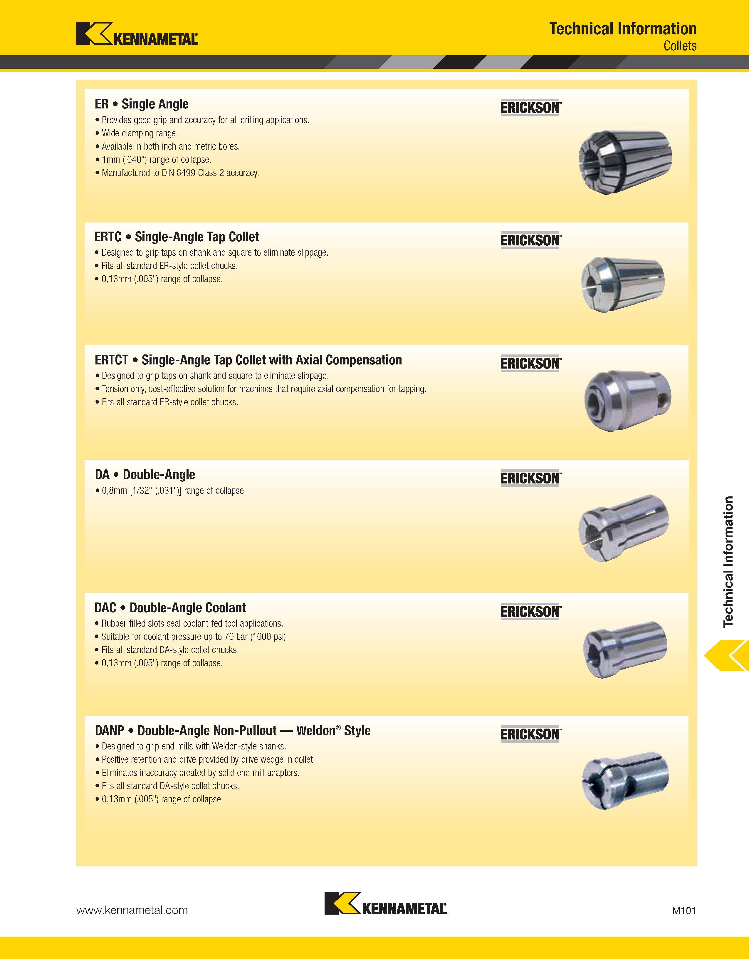 1501 Kennametal Technical Information Collets ER Single Angle Provides good grip and accuracy for all drilling applications Wide clamping range Availa Каталог KENNAMETAL 2013 Инструментальная оснастка и вспомогательный инструмент для универсальных металлорежущих станков и обрабатывающих центров с ЧПУ Стр. M101