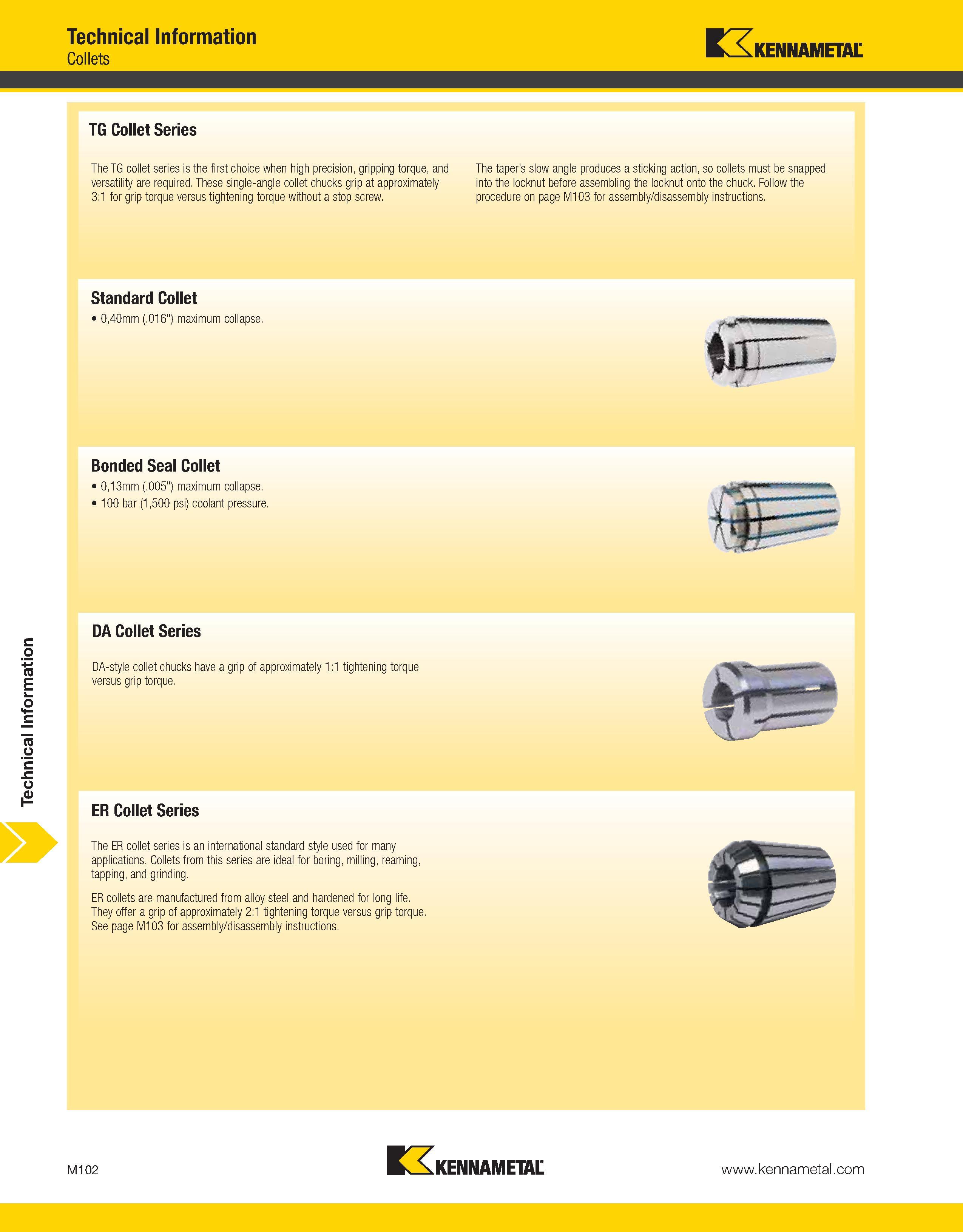 1502 Technical Information Technical Information Collets Kennametal TG Collet Series The TG collet series is the first choice when high precision, gri Каталог KENNAMETAL 2013 Инструментальная оснастка и вспомогательный инструмент для универсальных металлорежущих станков и обрабатывающих центров с ЧПУ Стр. M102