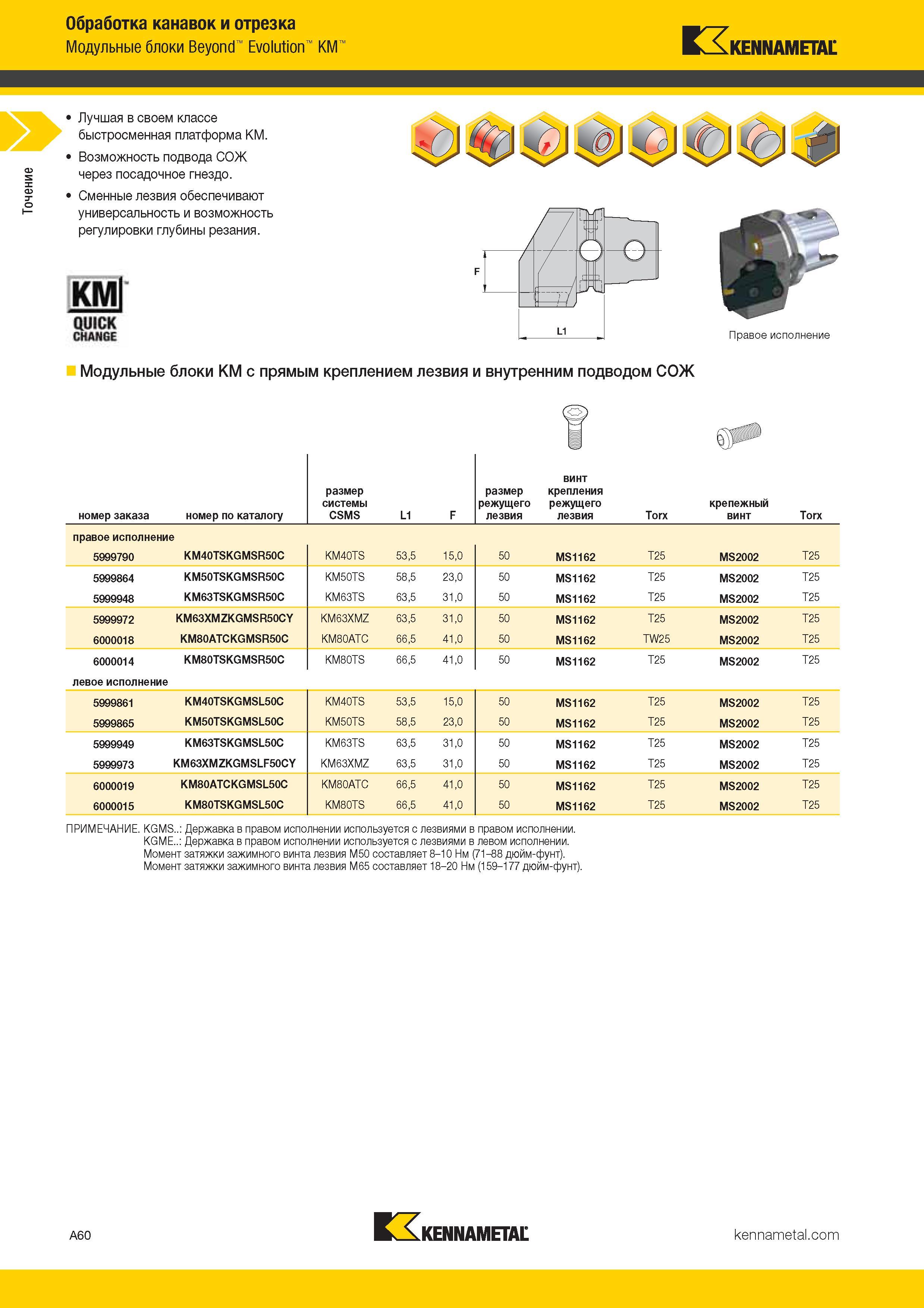 68 Точение Обработка канавок и отрезка Модульные блоки Beyond Evolution KM KENNAMETAL Лучшая в своем классе быстросменная платформа KM Возможно Каталог KENNAMETAL 2017 Новый режущий инструмент и инструментальные системы для металлорежущих промышленных станков и комплексов Стр. A60