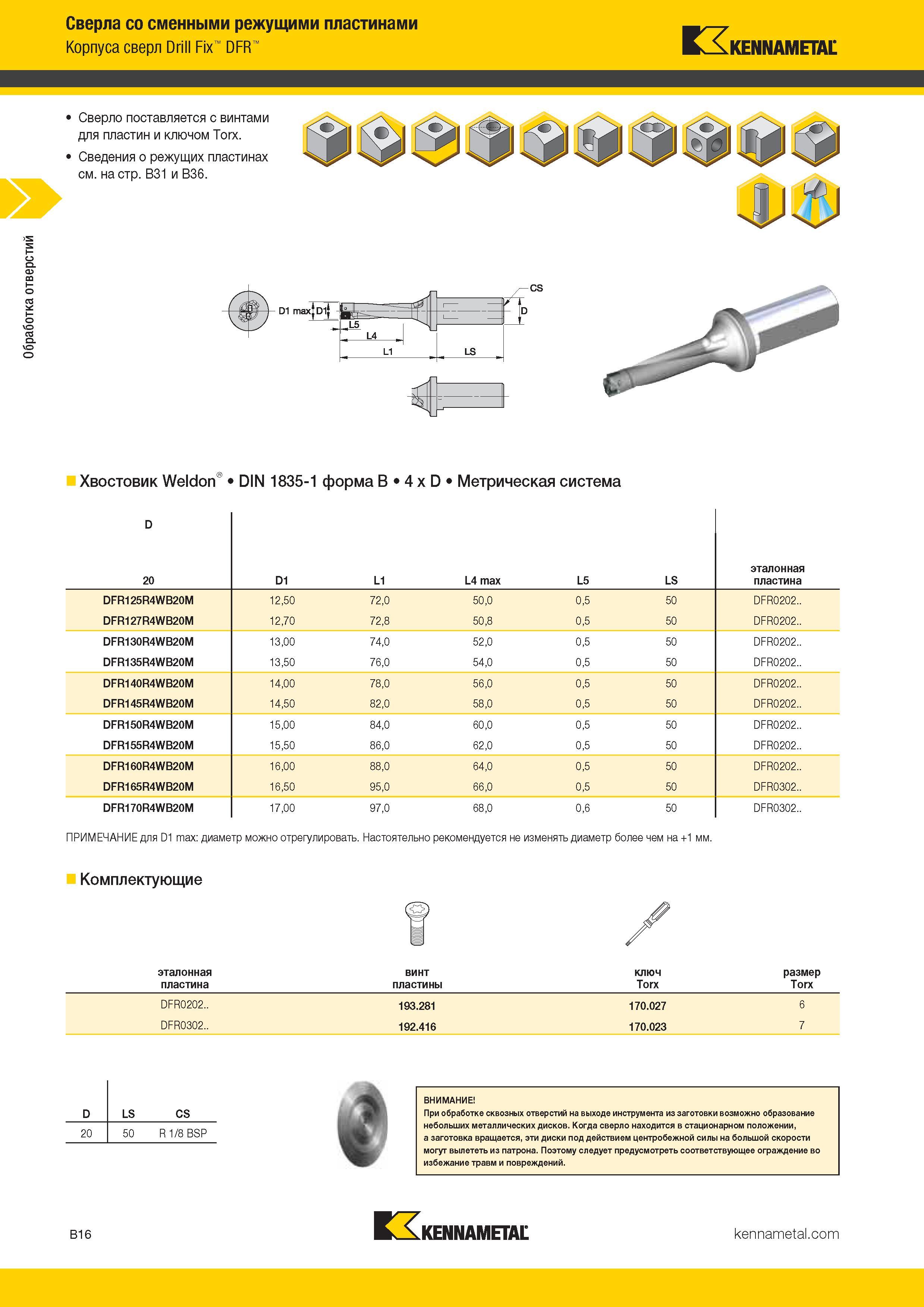 148 Обработка отверстий Сверла со сменными режущими пластинами Корпуса сверл Drill Fix DFR KENNAMETAL Сверло поставляется с винтами для пластин Каталог KENNAMETAL 2017 Новый режущий инструмент и инструментальные системы для металлорежущих промышленных станков и комплексов Стр. B16