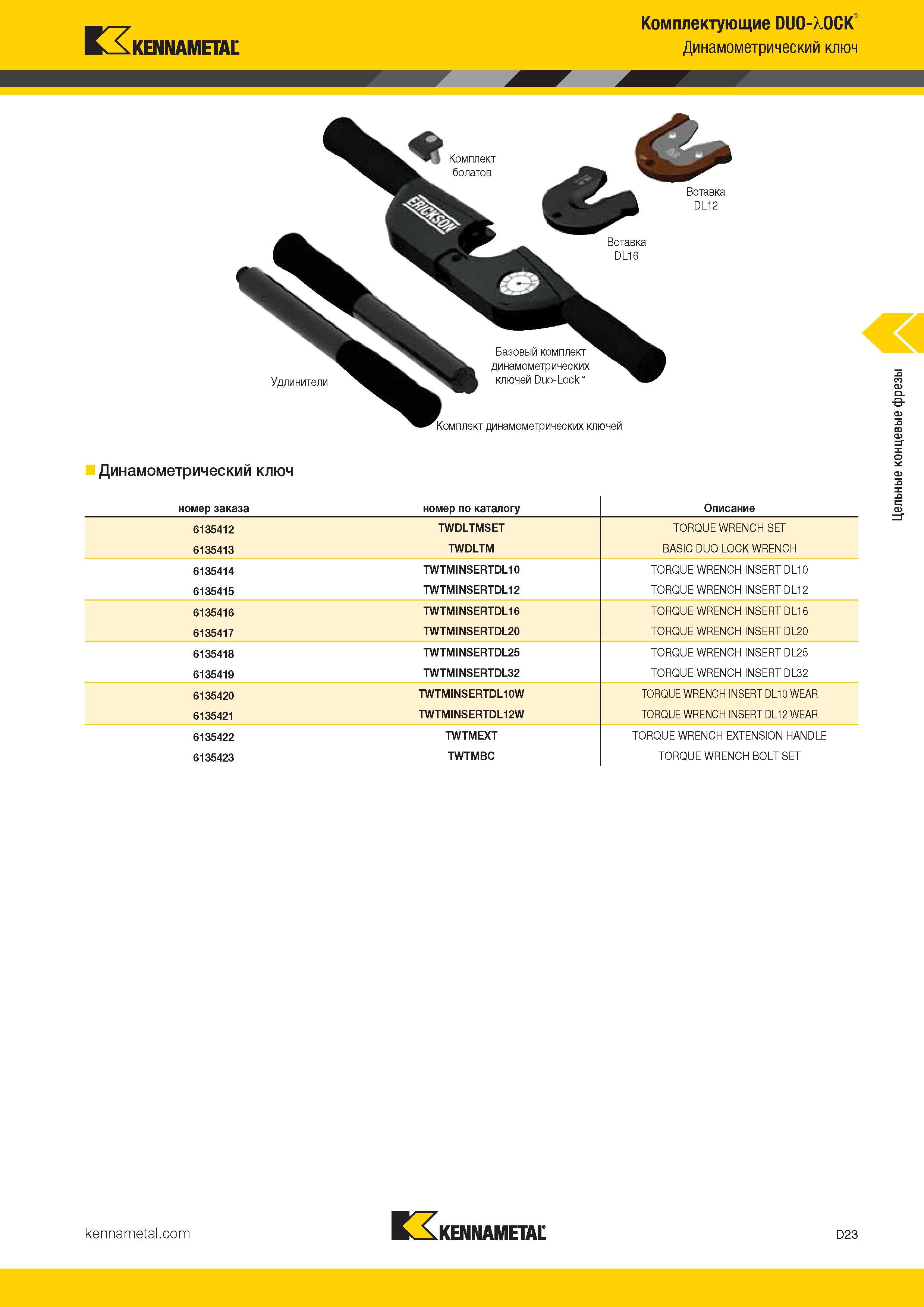 241 Kennametal Комплектующие DUO-XOCK Динамометрический ключ Комплект динамометрических ключей Динамометрический ключ KENNAMETAL D23 Цельные кон Каталог KENNAMETAL 2017 Новый режущий инструмент и инструментальные системы для металлорежущих промышленных станков и комплексов Стр. D23