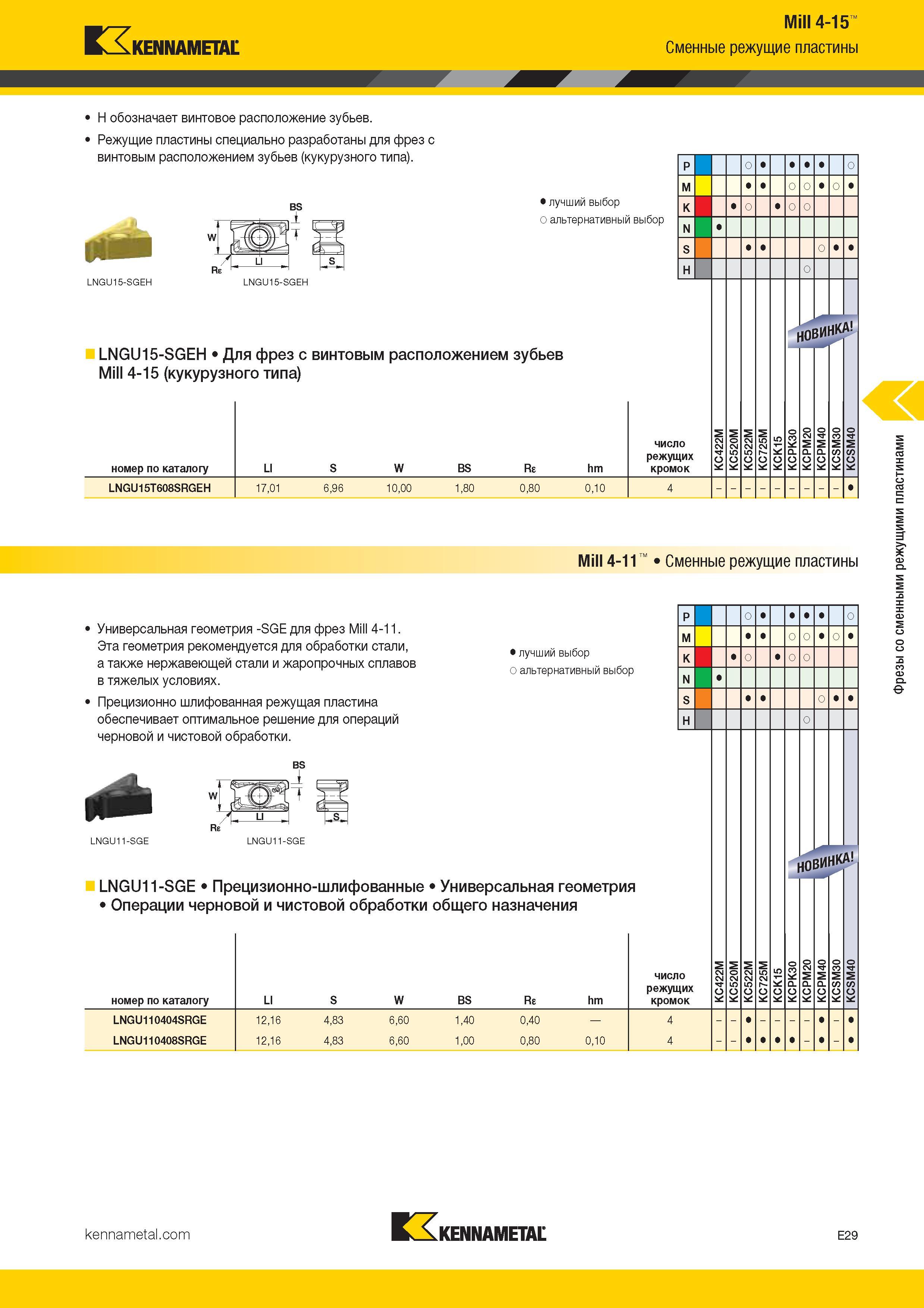 323 Kennametal Mill 4-15 Сменные режущие пластины H обозначает винтовое расположение зубьев Режущие пластины специально разработаны для фрез с в Каталог KENNAMETAL 2017 Новый режущий инструмент и инструментальные системы для металлорежущих промышленных станков и комплексов Стр. E29