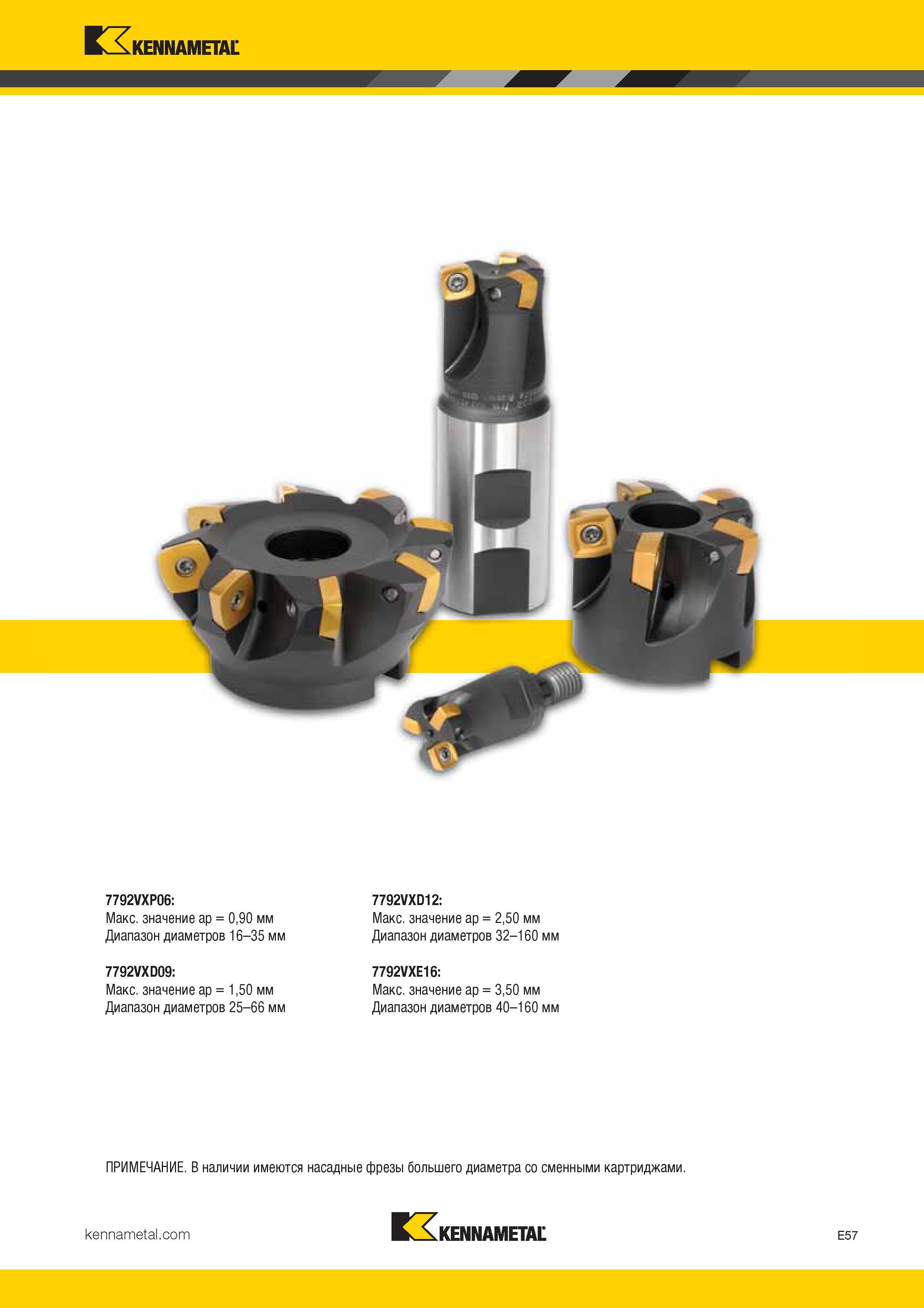 351 Kennametal 7792VXP06: 7792VXD12: Макс значение ap = 0,90 мм Макс значение ap = 2,50 мм Диапазон диаметров 16-35 мм Диапазон диаметров 32-160 Каталог KENNAMETAL 2017 Новый режущий инструмент и инструментальные системы для металлорежущих промышленных станков и комплексов Стр. E57