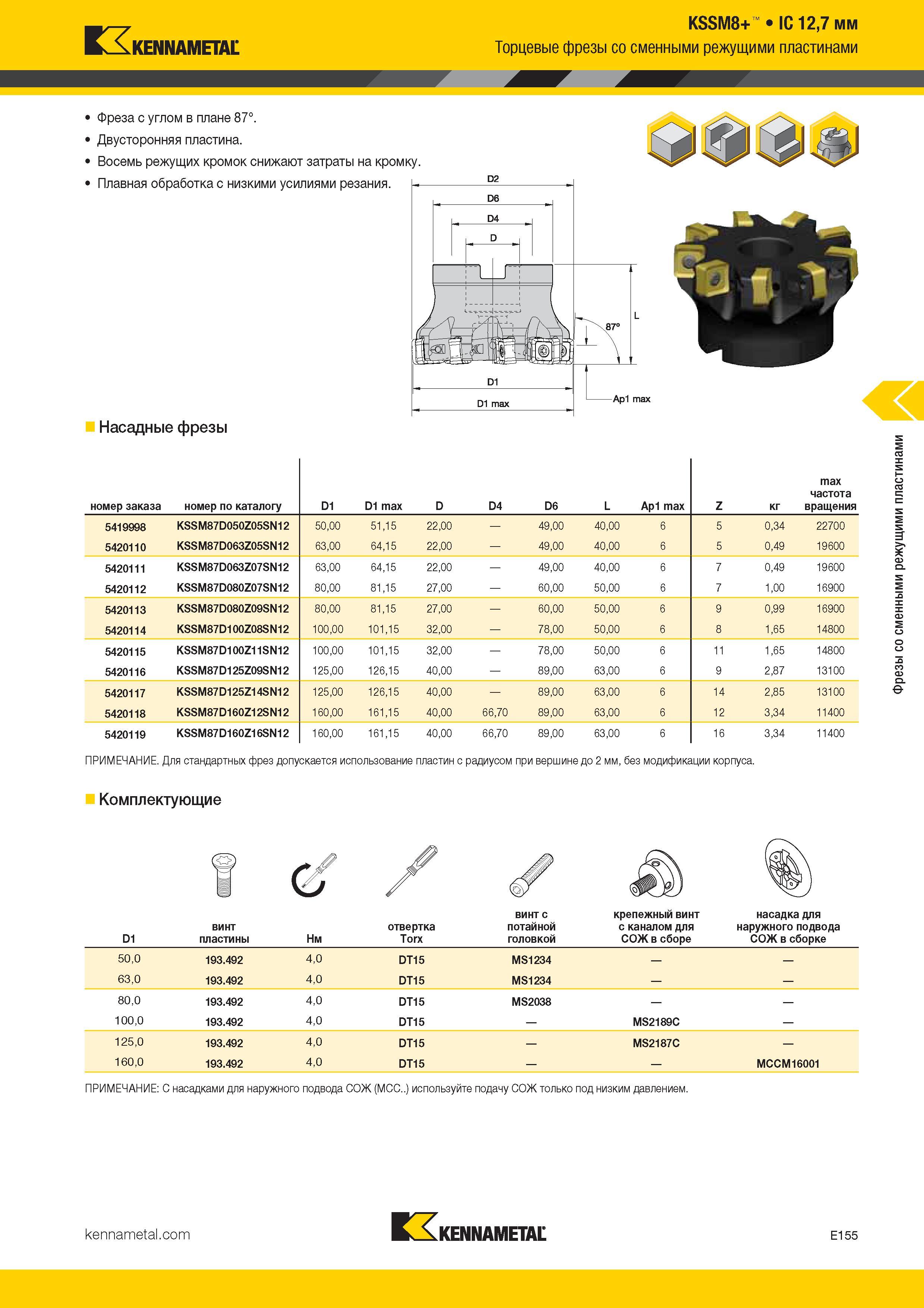 449 Торцевые насадные фрезы Kennametal KSSM8+ IC 12,7 мм со сменными режущими пластинами С углом в плане 87 градусов Двусторонняя пластина Каталог KENNAMETAL 2017 Новый режущий инструмент и инструментальные системы для металлорежущих промышленных станков и комплексов Стр. E155