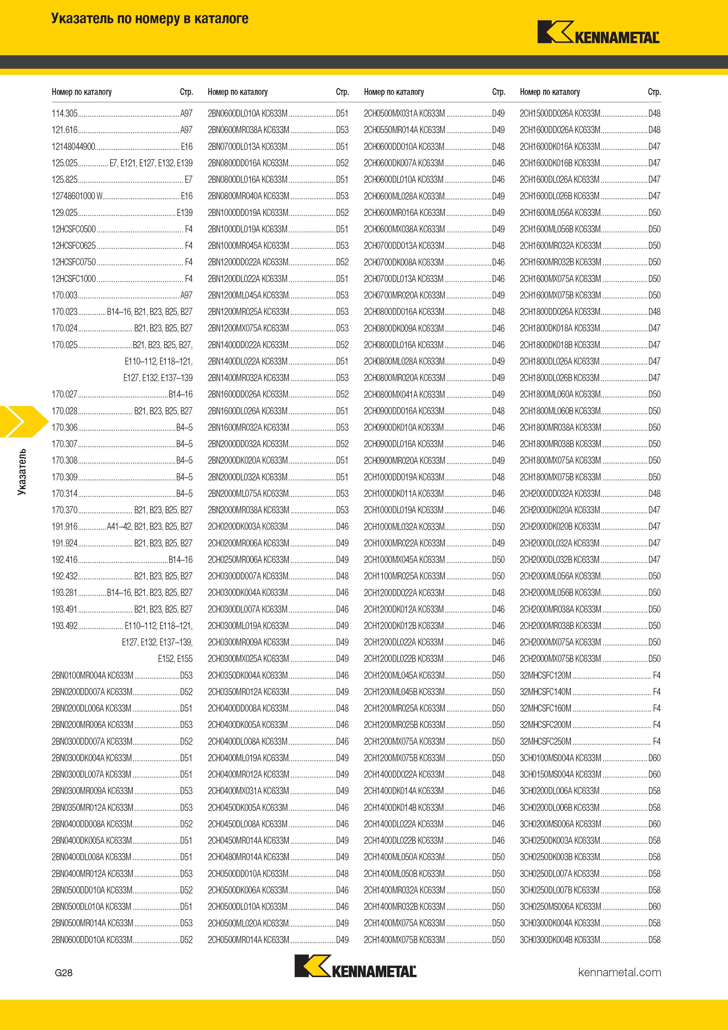 492 Указатель по номеру в каталоге Kennametal Номер по каталогу Стр Номер по каталогу Стр Номер по каталогу Стр Номер по каталогу Стр 114 305 A9 Каталог KENNAMETAL 2017 Новый режущий инструмент и инструментальные системы для металлорежущих промышленных станков и комплексов Стр. G28