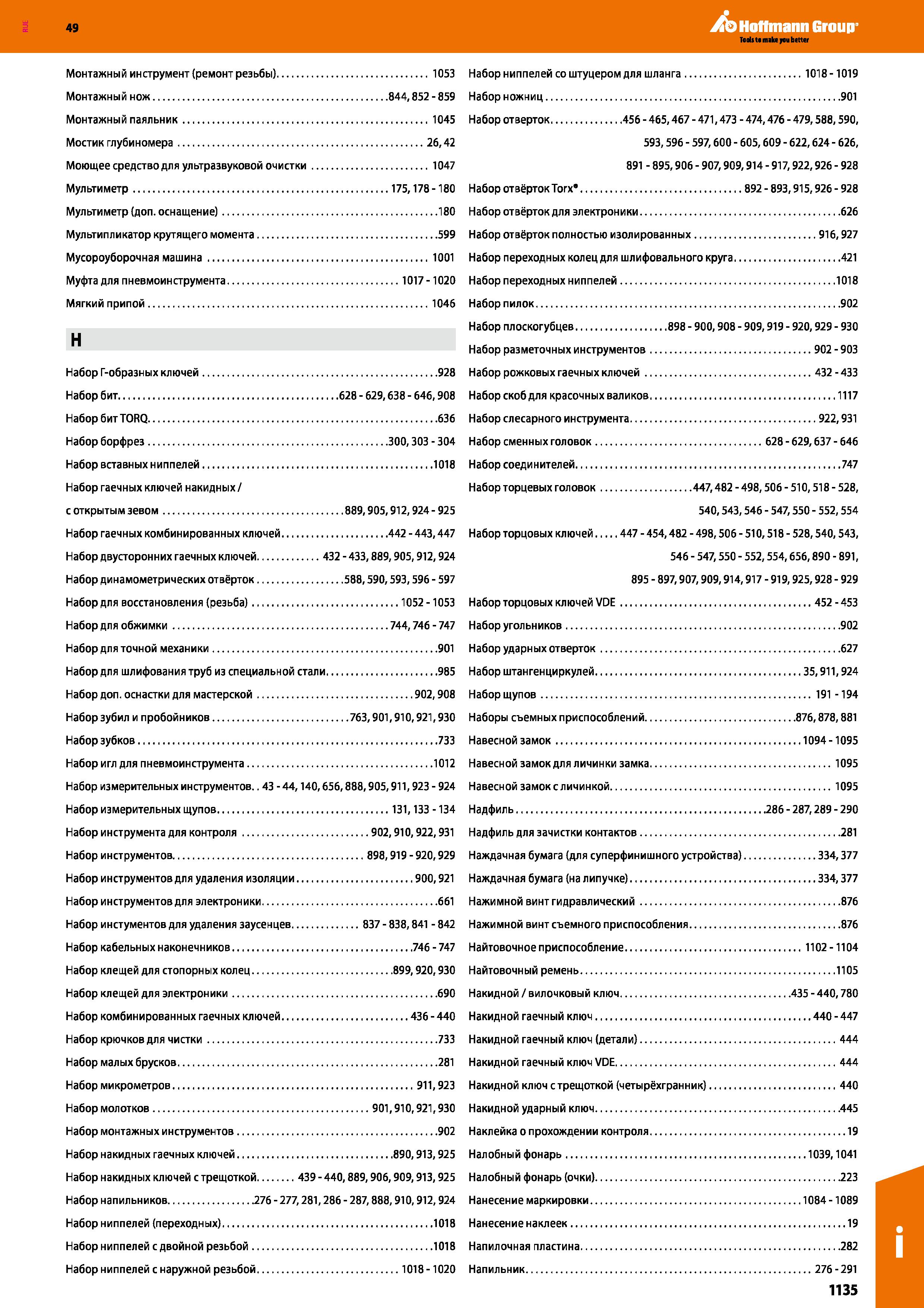 1135 Монтажный инструмент (ремонт резьбы) 1053 Набор ниппелей со штуцером для шланга 1018 -1019 Монтажный нож 844,852-859 Набор ножниц 901 Монтаж Каталог HOFFMANN GROUP 2018 Инструмент ручной Слесарный и механизированный Измерительные приборы и инструменты Производственный инвентарь Стр. 1135