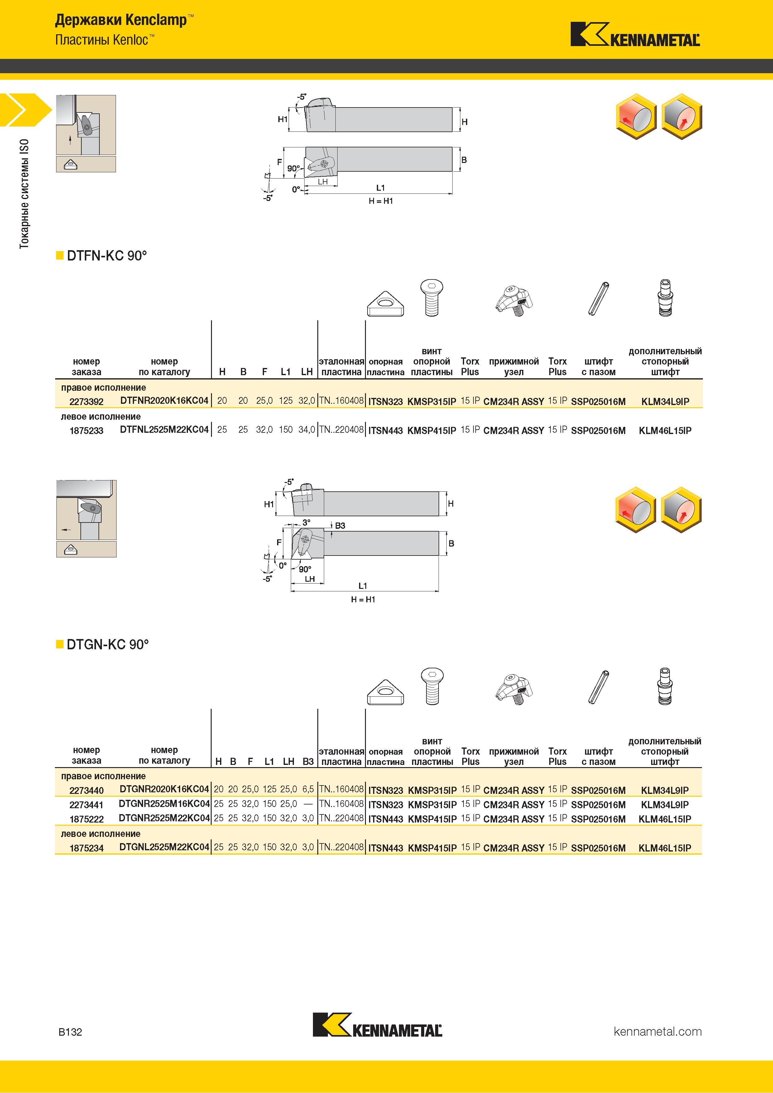 154 Токарные системы ISO Державки Kenclamp rnr 7 Пластины Kenloc KENNAMETAL Н = Н1 DTFN-KC 90° Номер эталонная винт опорная опорной Torx прижимной Torx шт Каталог KENNAMETAL 2018 Инструмент токарный Резцы и державки с режущими сменными пластинами для наружного точения и внутреннего растачивания на станках Стр. B132