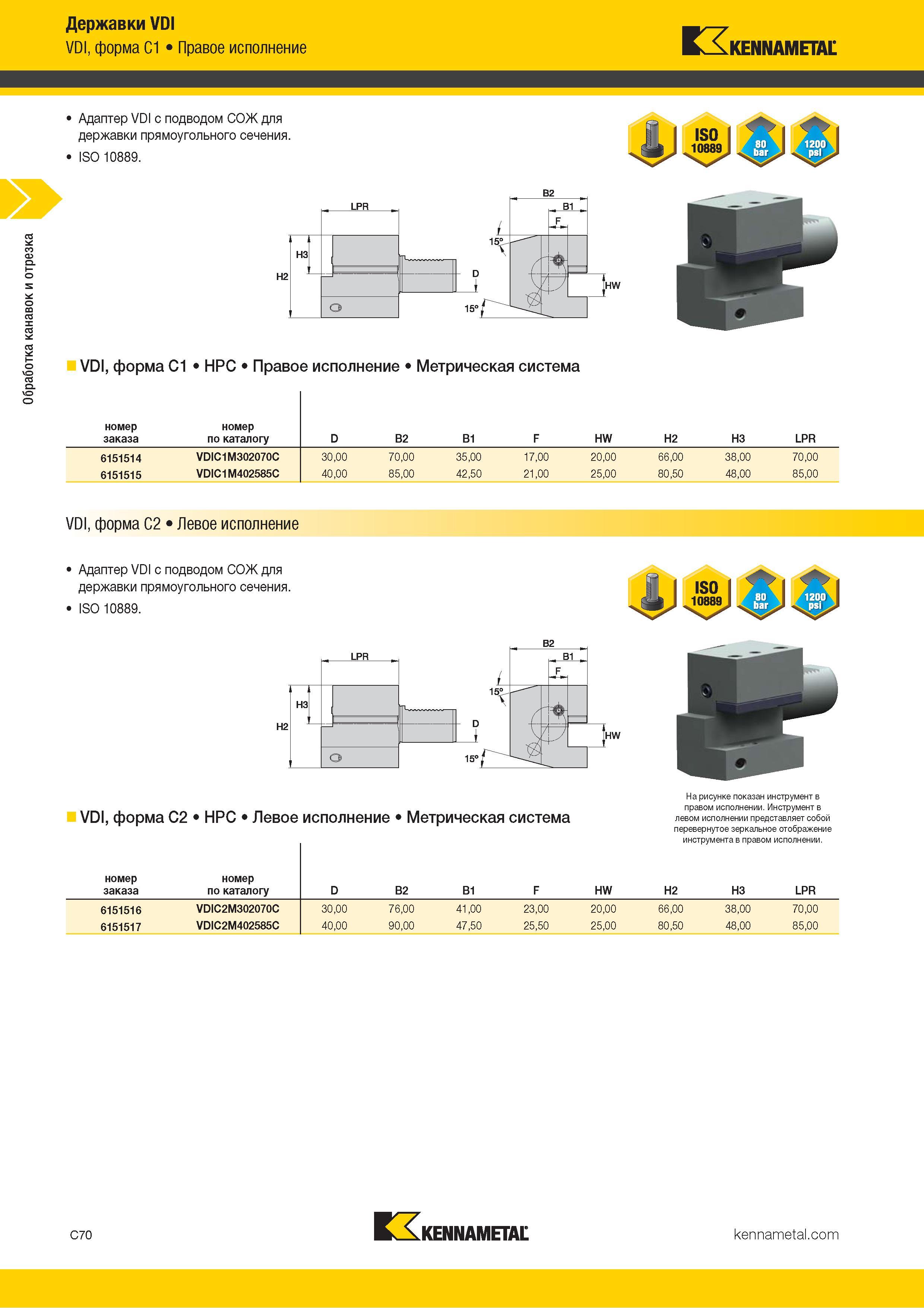 480 Обработка канавок и отрезка Державки VDI VDI, форма C1 Правое исполнение Kennametal VDI, форма C1 HPC Правое исполнение Метрическая система номер зака Каталог KENNAMETAL 2018 Инструмент токарный Резцы и державки с режущими сменными пластинами для наружного точения и внутреннего растачивания на станках Стр. C70