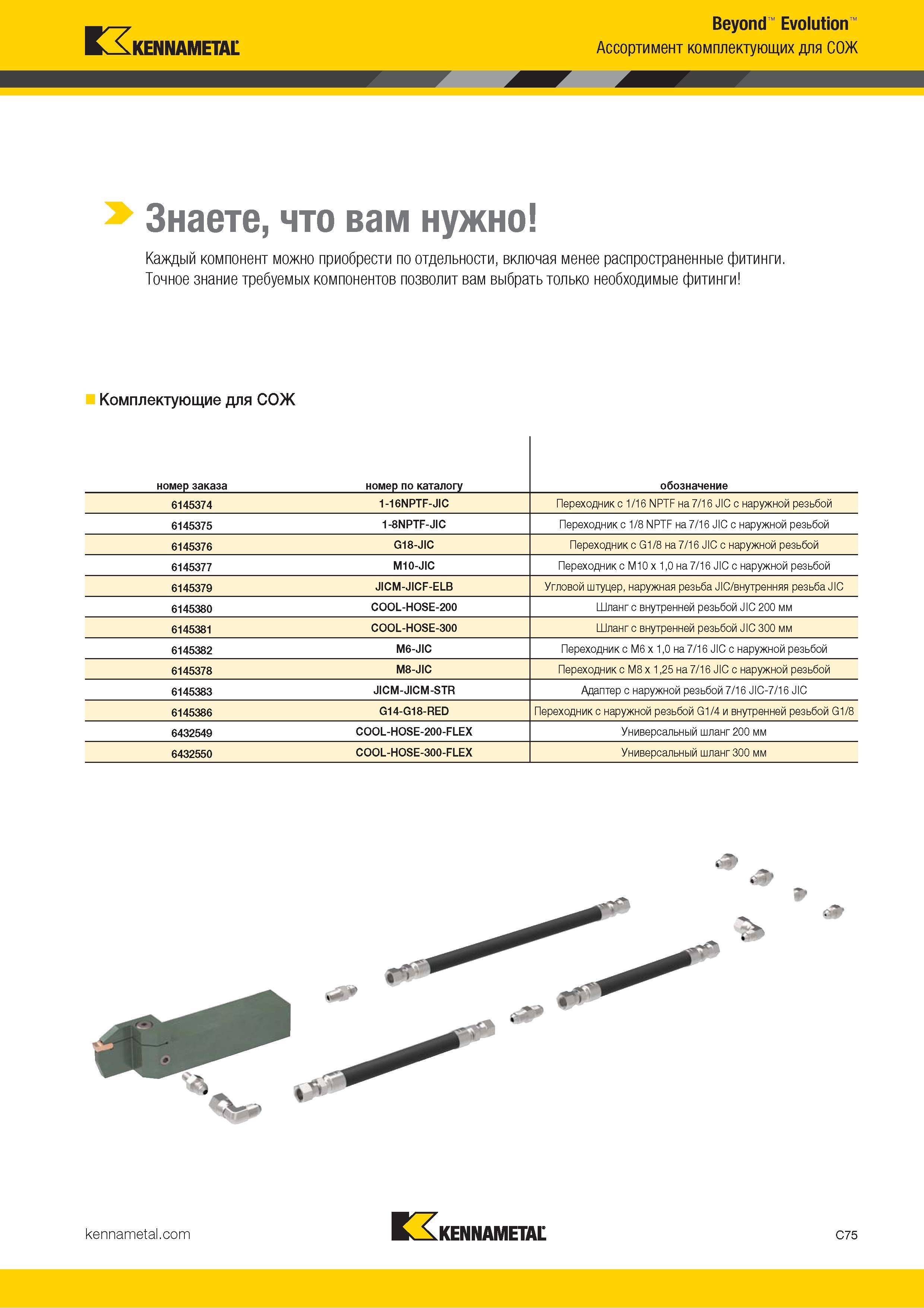 485 Kennametal Beyond Evolution Ассортимент комплектующих для СОЖ Знаете, что вам нужно Каждый компонент можно приобрести по отдельности, включая менее ра Каталог KENNAMETAL 2018 Инструмент токарный Резцы и державки с режущими сменными пластинами для наружного точения и внутреннего растачивания на станках Стр. C75