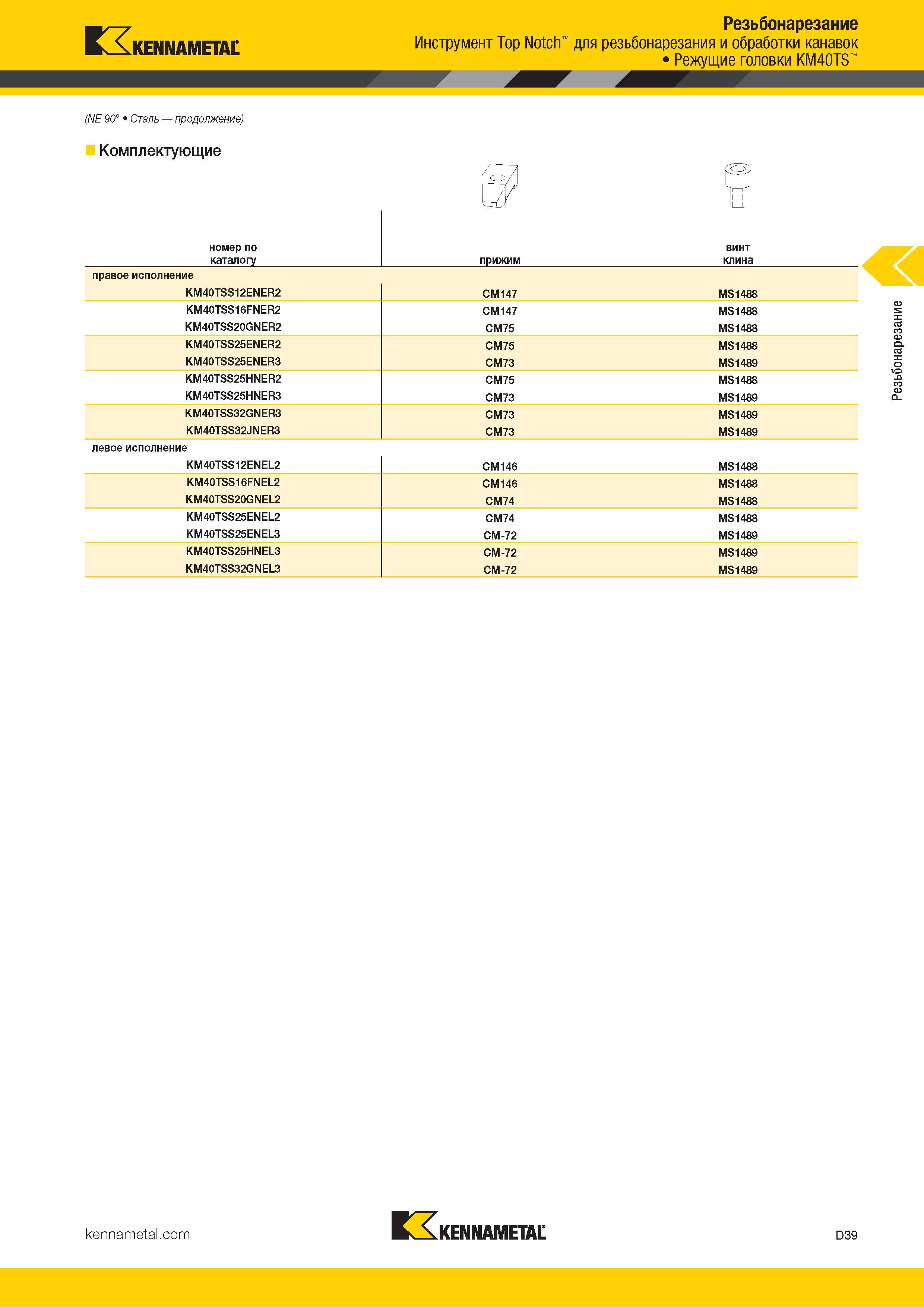 629 Kennametal Инструмент Top Notch Резьбонарезание для резьбонарезания и обработки канавок Режущие головки KM40TS (NE 90° Сталь продолжение) Комплектующи Каталог KENNAMETAL 2018 Инструмент токарный Резцы и державки с режущими сменными пластинами для наружного точения и внутреннего растачивания на станках Стр. D39