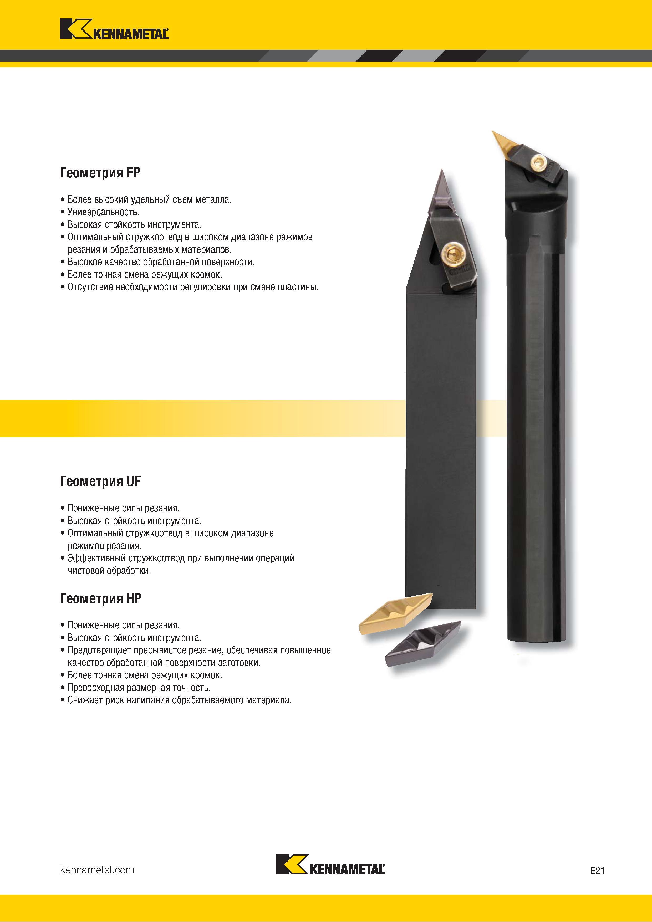 723 Kennametal Геометрия FP Более высокий удельный съем металла Универсальность Высокая стойкость инструмента Оптимальный стружкоотвод в широком диапазоне Каталог KENNAMETAL 2018 Инструмент токарный Резцы и державки с режущими сменными пластинами для наружного точения и внутреннего растачивания на станках Стр. E21