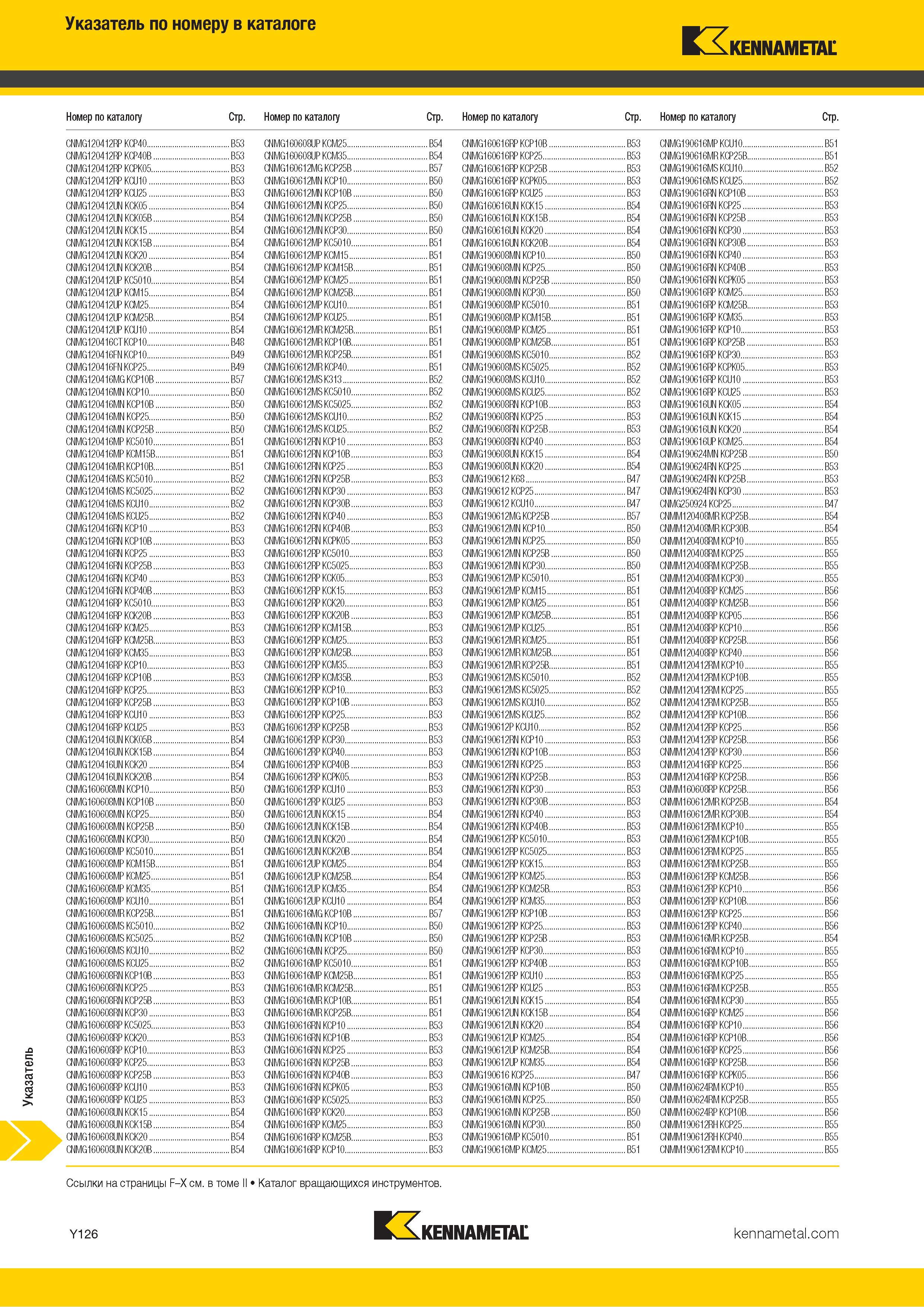 892 Инструмент Kennametal Указатель по номеру в каталоге Каталог KENNAMETAL 2018 Инструмент токарный Резцы и державки с режущими сменными пластинами для наружного точения и внутреннего растачивания на станках Стр. Y126