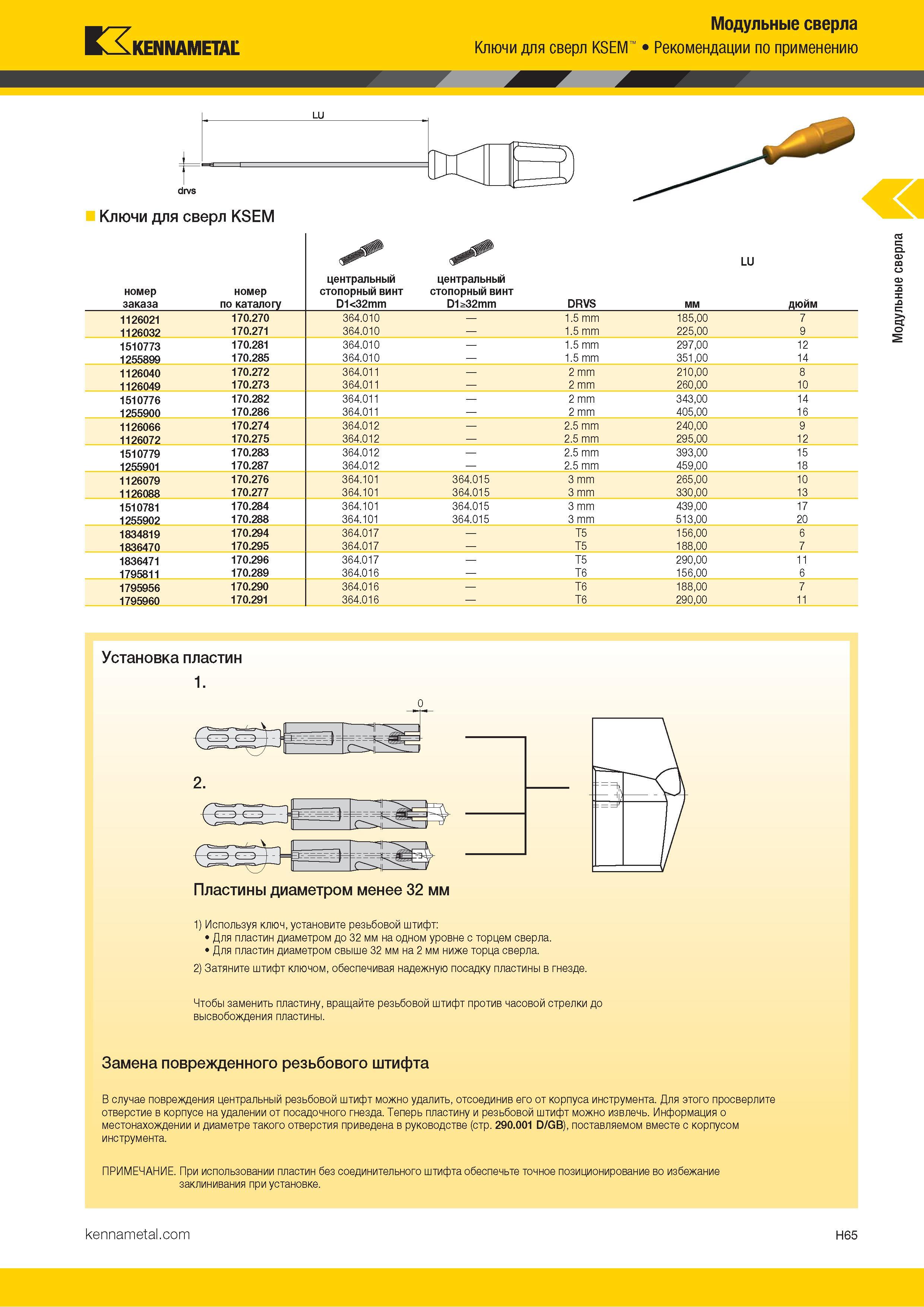 253 Kennametal Ключи для сверл KSEM А Модульные сверла Рекомендации по применению drvs Ключи для сверл KSEM номер заказа номер по каталогу центральный ст Каталог KENNAMETAL 2018 Режущий инструмент для обработки отверстий в металлах и сплавах Быстрорежущие метчики и раскатники Сборные фрезы с СРП и твердосплавные Стр. H65