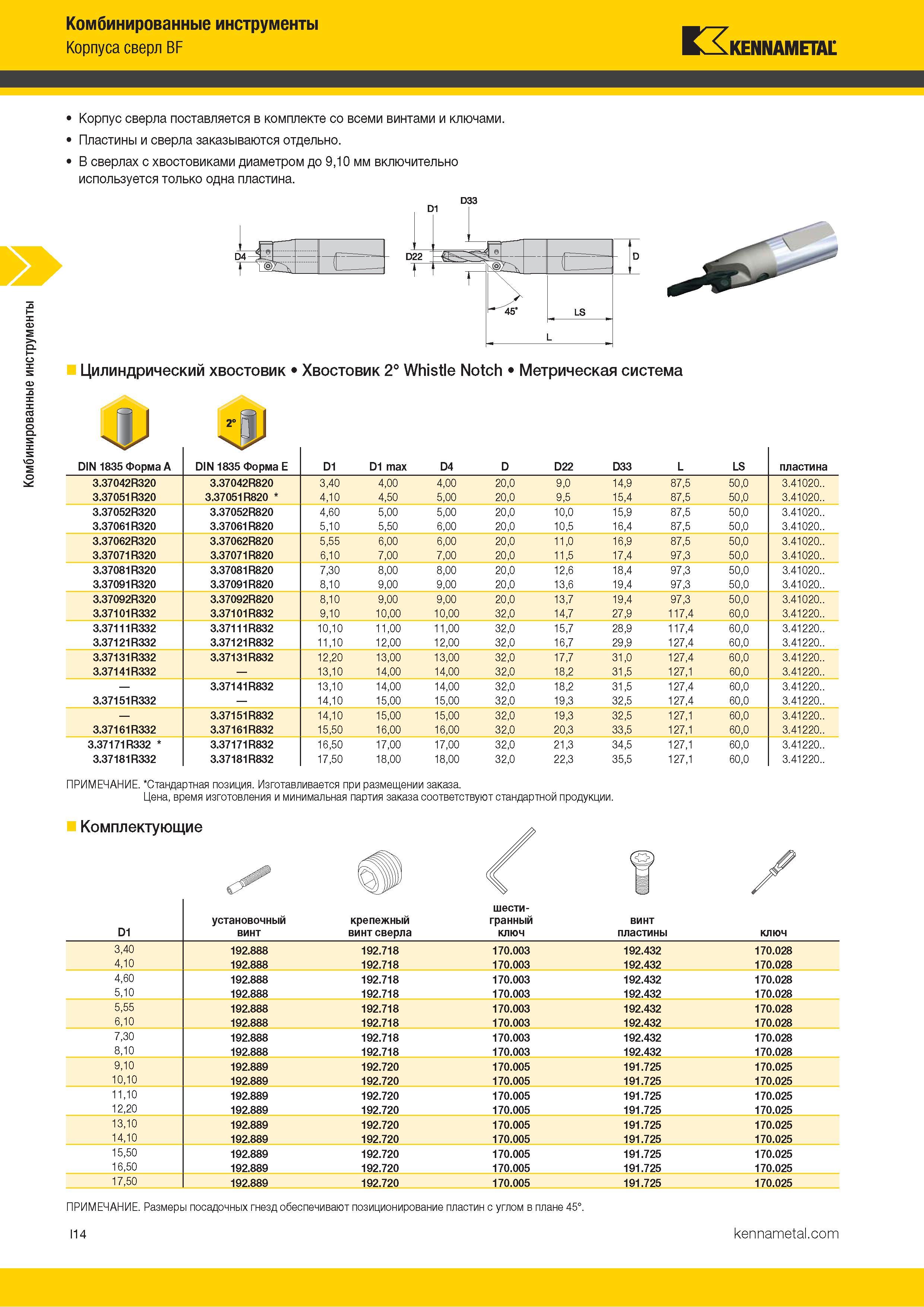 310 Комбинированные инструменты Корпуса сверл BF Kennametal Корпус сверла поставляется в комплекте со всеми винтами и ключами Пластины и сверла заказываю Каталог KENNAMETAL 2018 Режущий инструмент для обработки отверстий в металлах и сплавах Быстрорежущие метчики и раскатники Сборные фрезы с СРП и твердосплавные Стр. I14